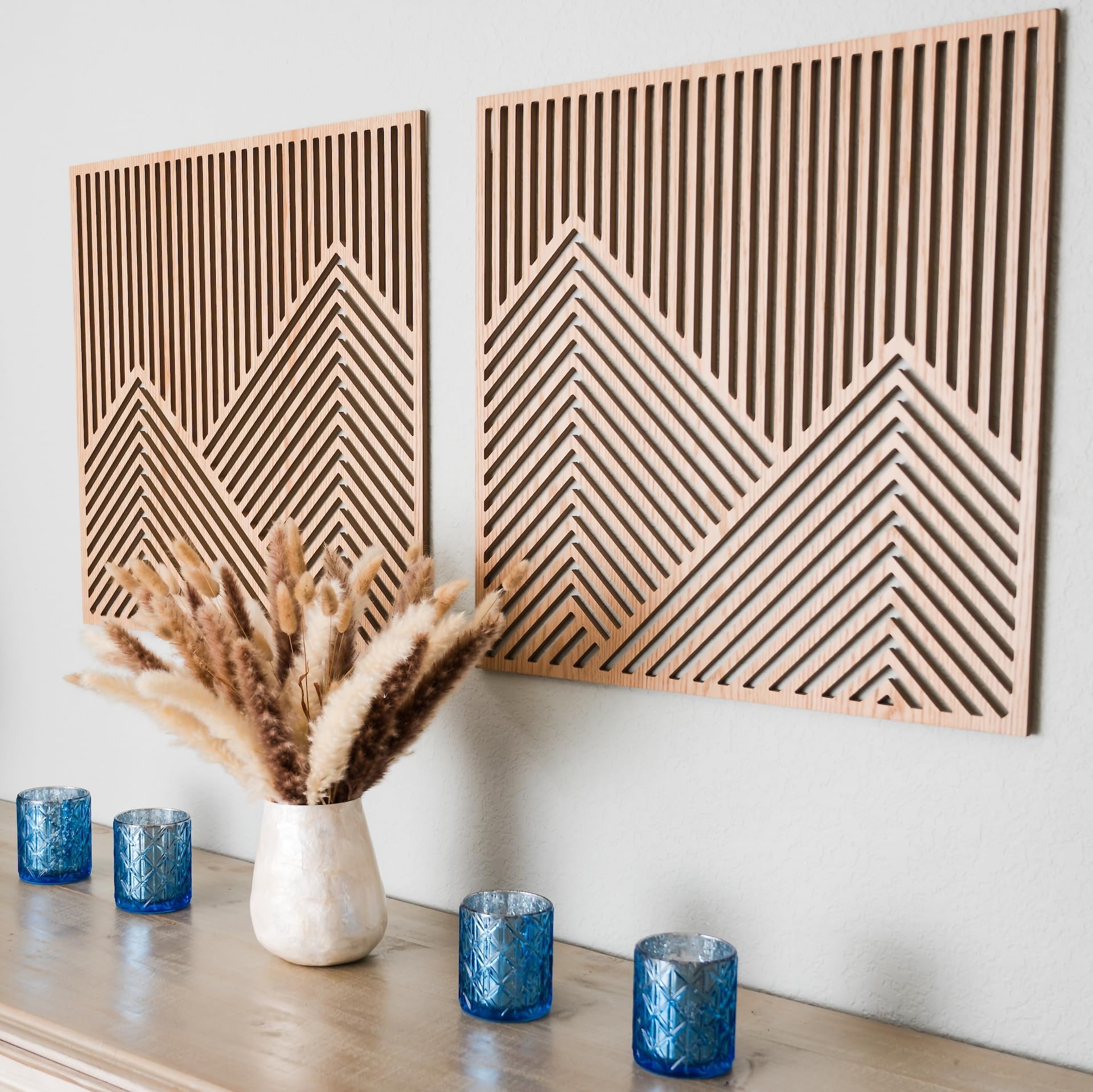 SnugLife 2 Pcs Wood Mountain Wall Art - Modern Wooden Panel Mountain Wall Decor, Decorative Forest Nature Abstract Line Minimali