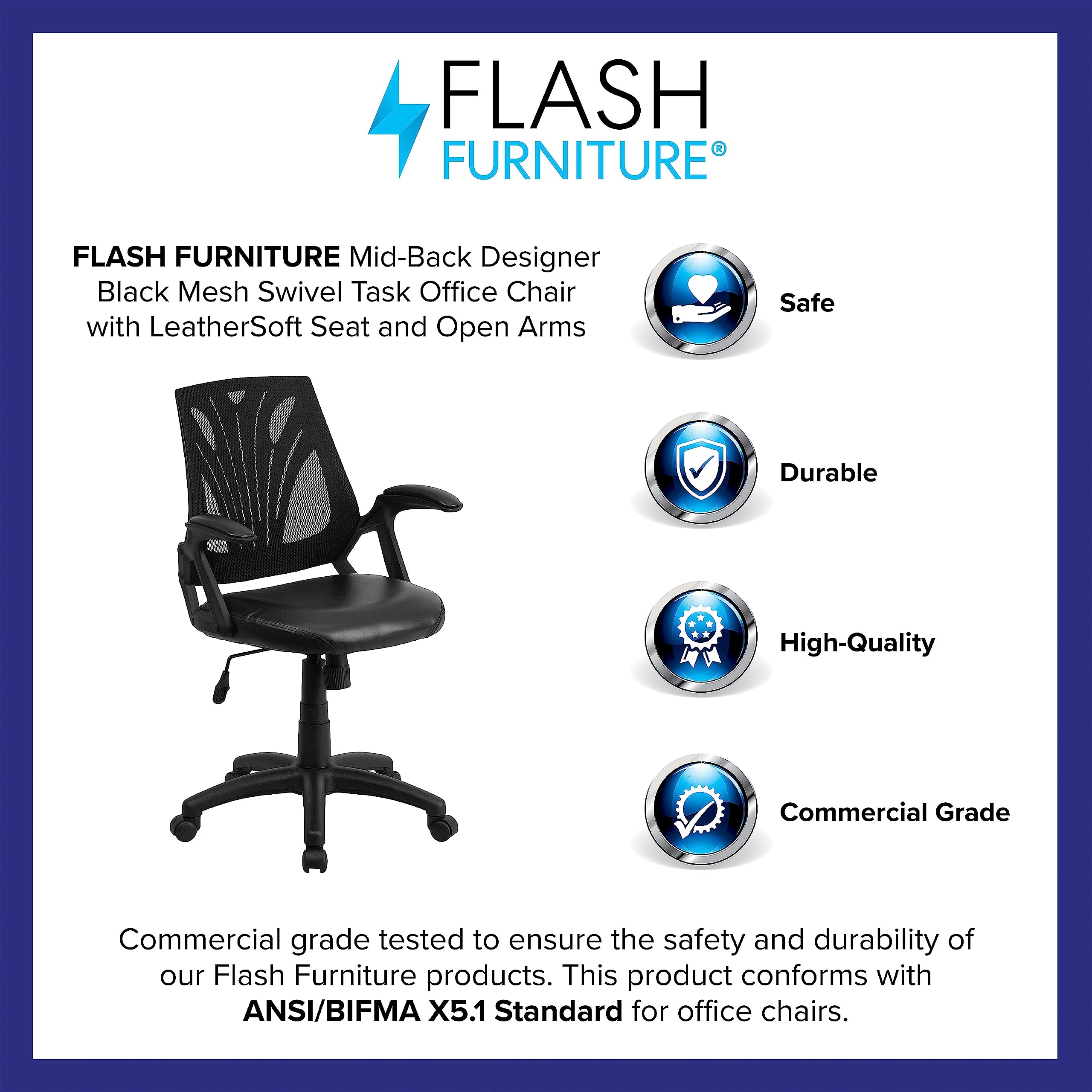 Flash Furniture Sam Mid-Back Designer Black Mesh Swivel Task Office Chair With Leathersoft Seat And Open Arms