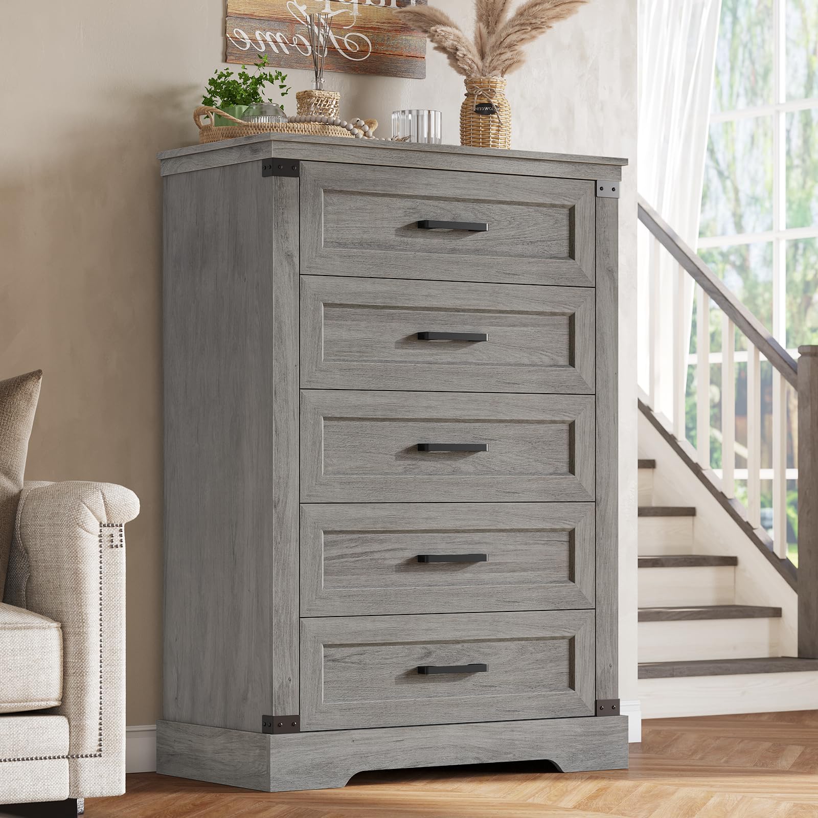Hasuit Farmhouse Dresser For Bedroom With 5 Drawers, Wooden Tall Chest Of Drawers With Thick Styling And Wide Drawer, Large Capa