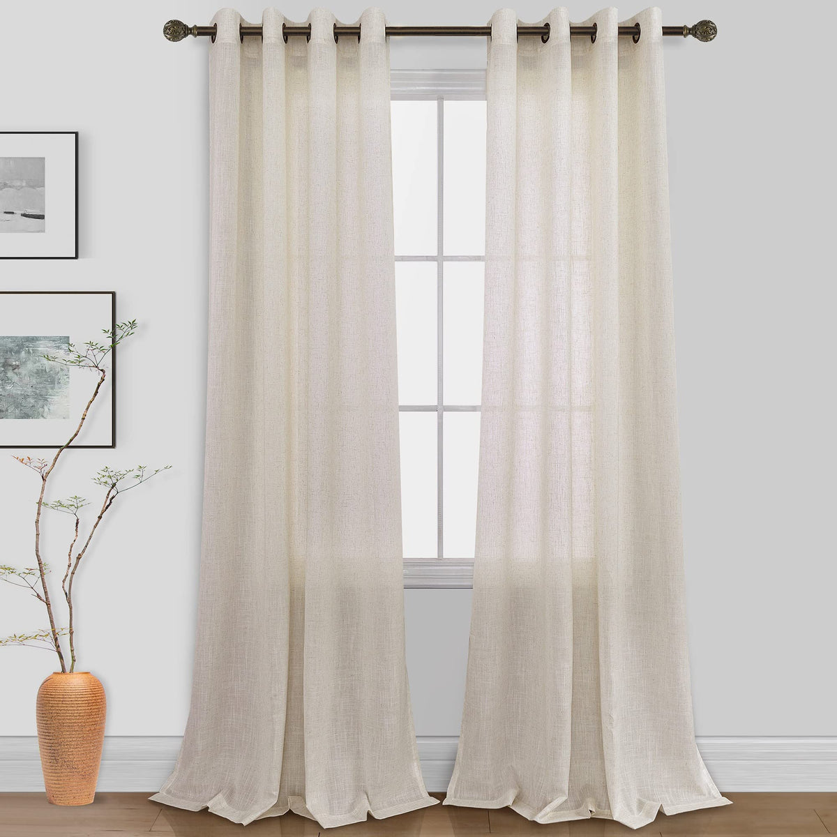 Koufall 120 Inch Length Beige Extra Long Curtains For Bedroom 2 Panels,Bronze Grommet Linen Blend Sheer 10 Ft Tall Curtains For