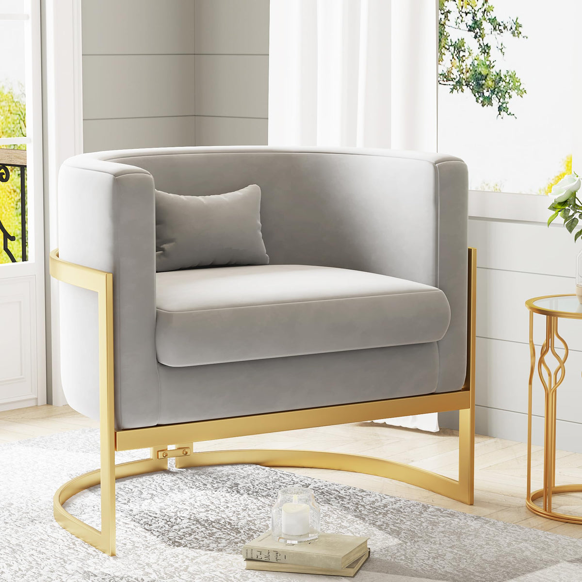 Apeaka Velvet Accent Chair, Modern Barrel Chair Upholstered Armchair For Living Room Bedroom Single Sofa Chair Club Chairs Gray