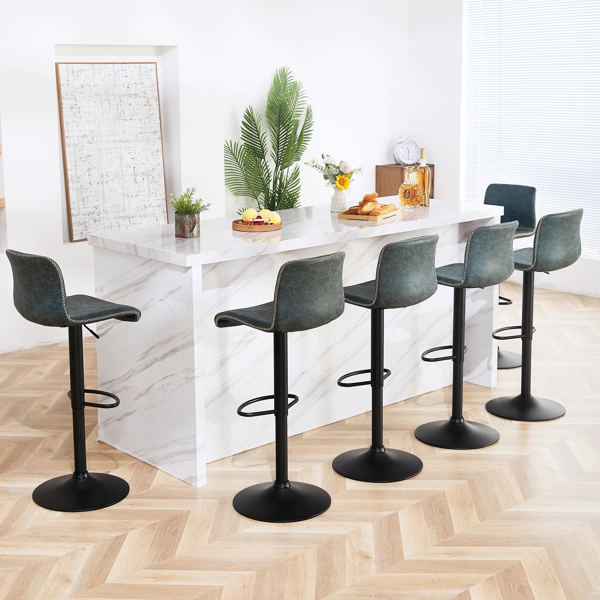 HeuGah Swivel Bar Stools Set of 6, Counter Height Bar Stools with Back, Adjustable Bar Stools 24 to 32, Deep Teal Faux Leather B
