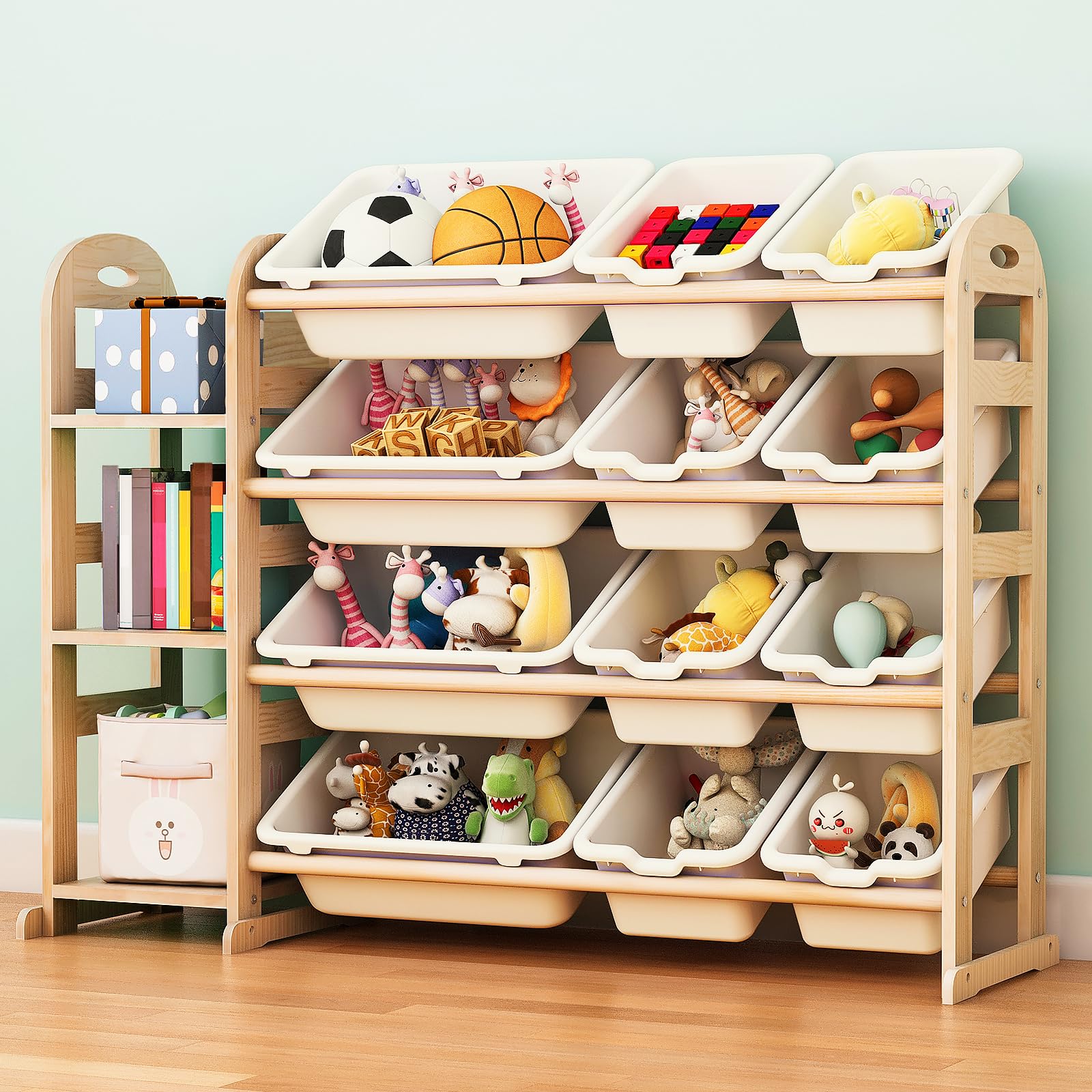 Toy Storage Organizer, Wooden Toy Organizers and Storage with Bookshelf, Toy Storage Shelf with 3 Shelves and 12 Storage Bins, K