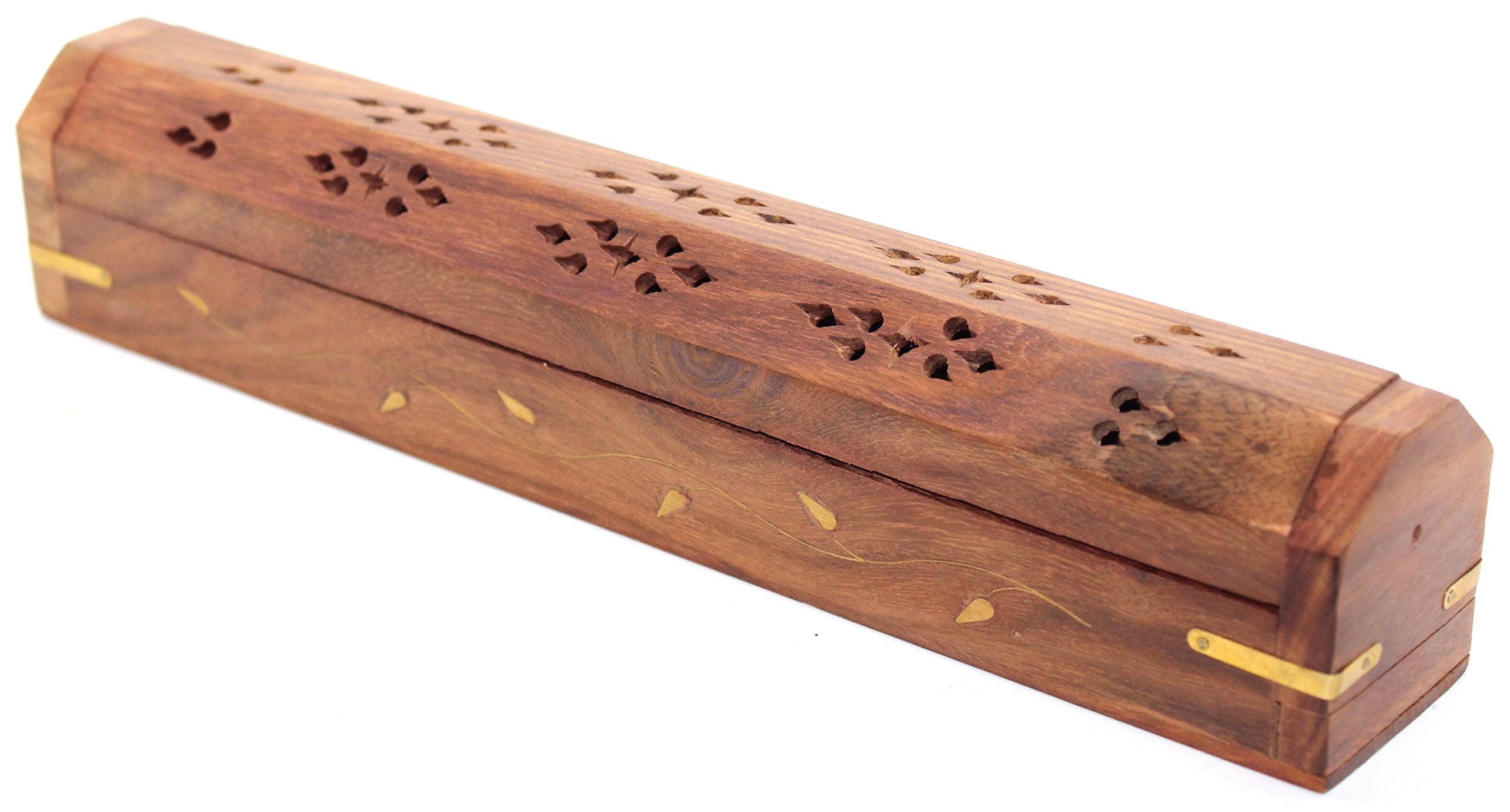 Govinda Wooden Coffin Incense Burner - 12 - Brass Inlays - Storage Compartment - Vines