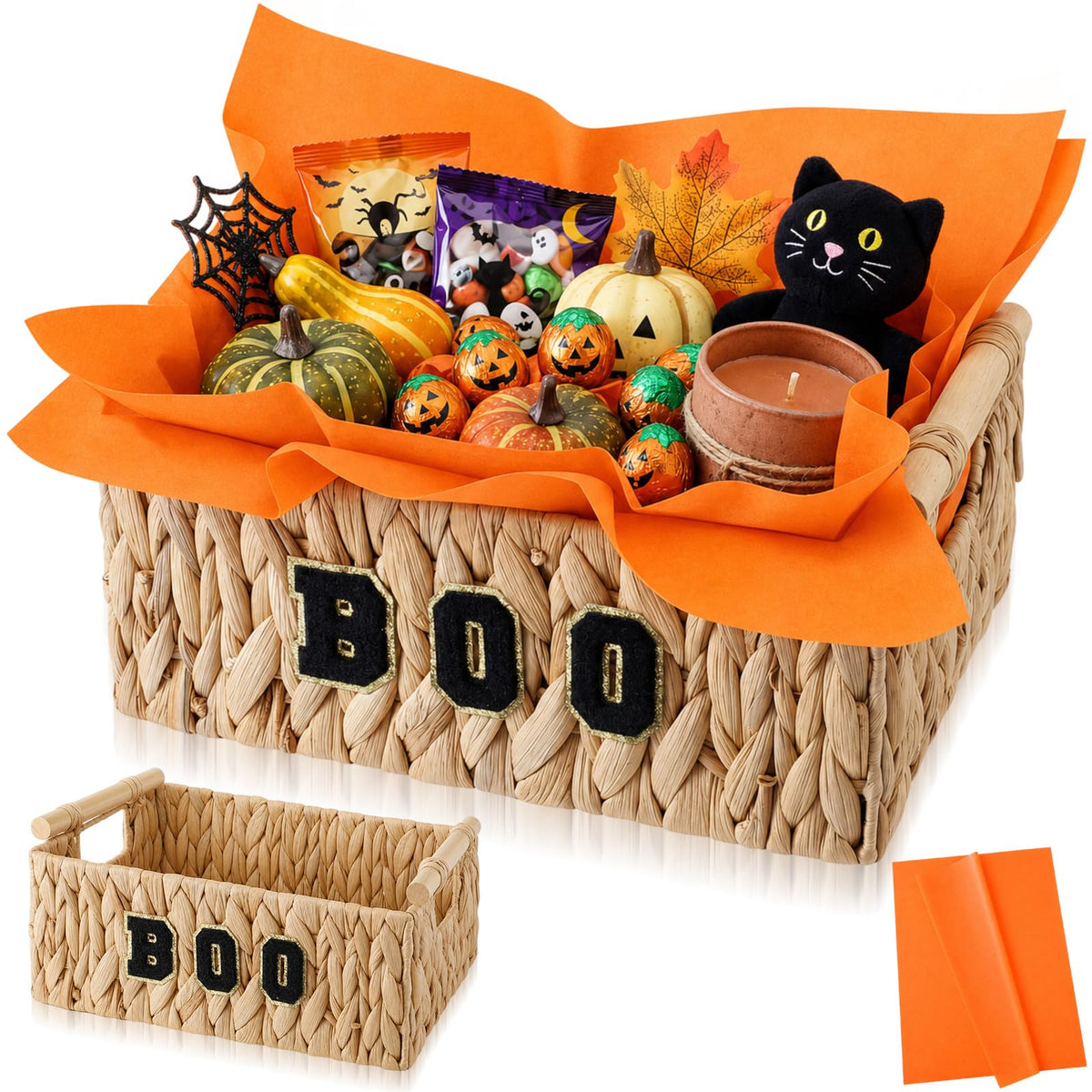 Hushee Halloween Boo Basket Water Hyacinth Woven Spooky Basket, Rectangular