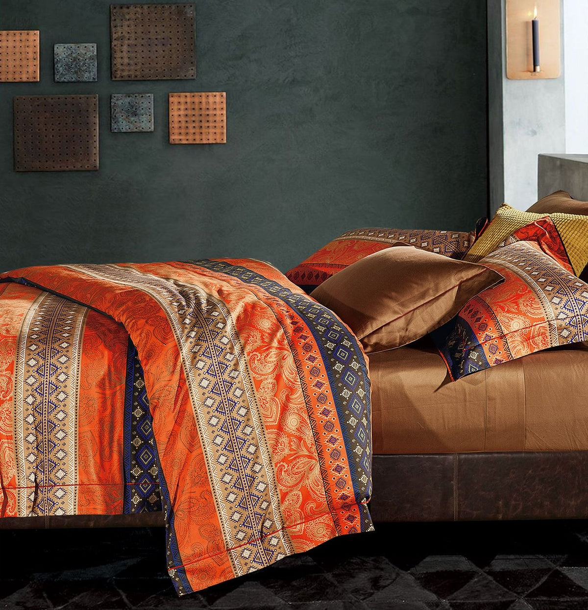 Bohemian Duvet Cover Striped Ethnic Boho Reversible Southwestern 400Tc Cotton King Size Bedding 3Pc Set Navy White Orange Modern
