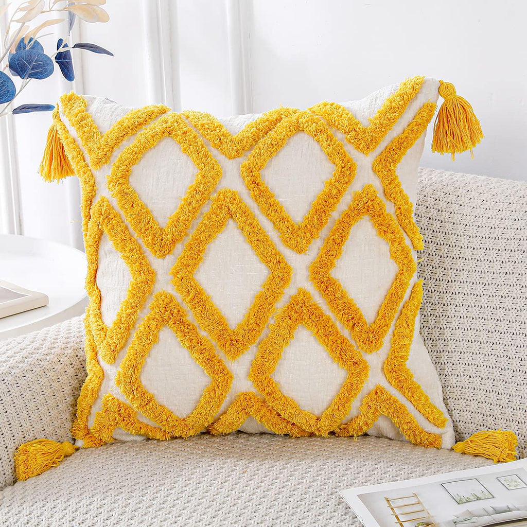 Panod Super Soft Farmhouse Decorative Plush Throw Pillow Covers 24 X 24 Yellow,Solid Diamond Pattern Tufted With Tassels Modern