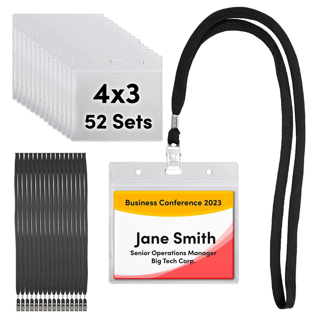 See-It! 52 Sets Badge Holder With Lanyard Name Tag Holder And Lanyards 4X3 Size Quick Load No Zipper Name Badge Holders Lanyards