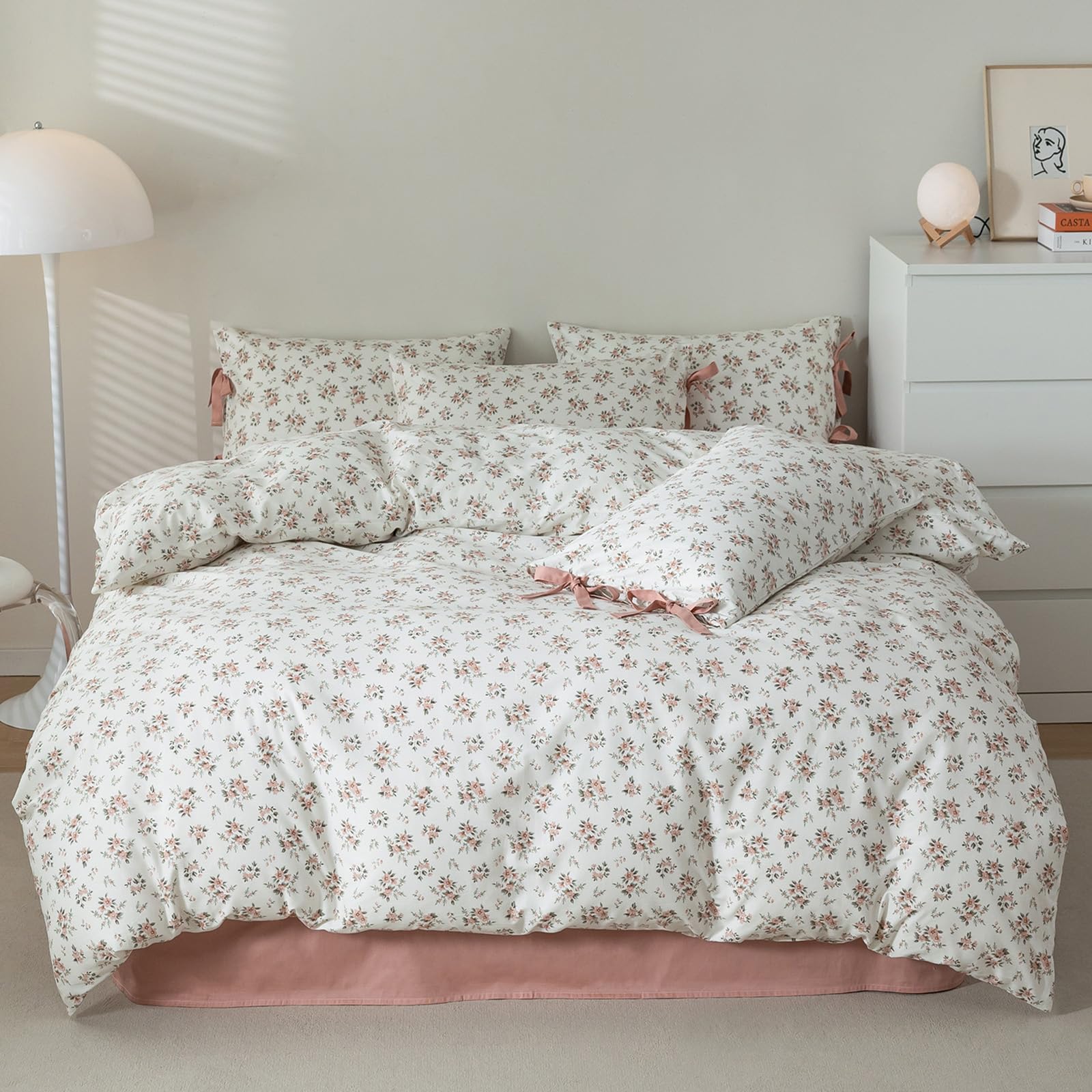 Pink Floral Duvet Cover Set Queen Vintage Style Cozy Cotton Soft Comforter Cover Queen 3 Piece For Girl Teen,Room Decor Boho Flo