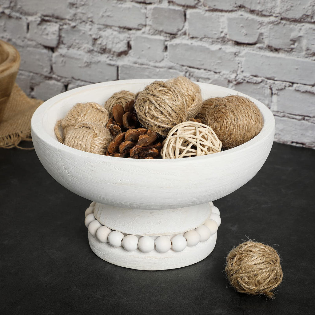 Amyhill Distressed Beaded Wood Pedestal Bowl Decorative Wooden Beaded Bowl Wood Pedestal Bowl Beaded Serving Bowl for Farmhouse 