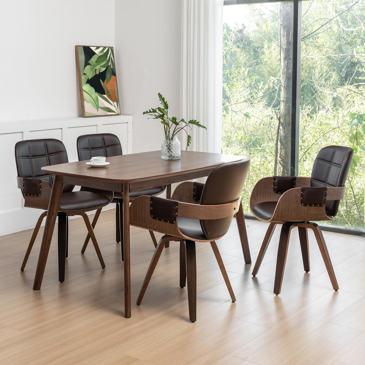 Set Of 4 Swivel Walnut Dining Chairs - Mid Century Dining Chairs With Arm And Curved Back, Walnut Craftsmanship, Bentwood Struct