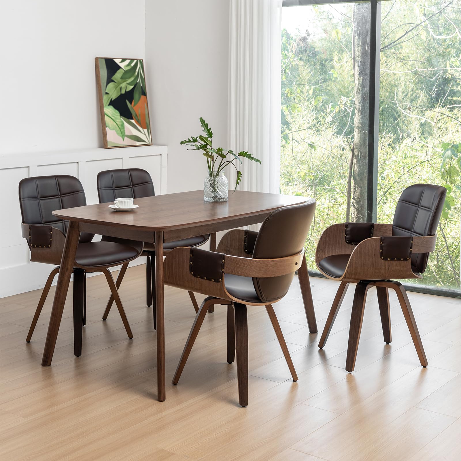 Set Of 4 Swivel Walnut Dining Chairs - Mid Century Dining Chairs With Arm And Curved Back, Walnut Craftsmanship, Bentwood Struct