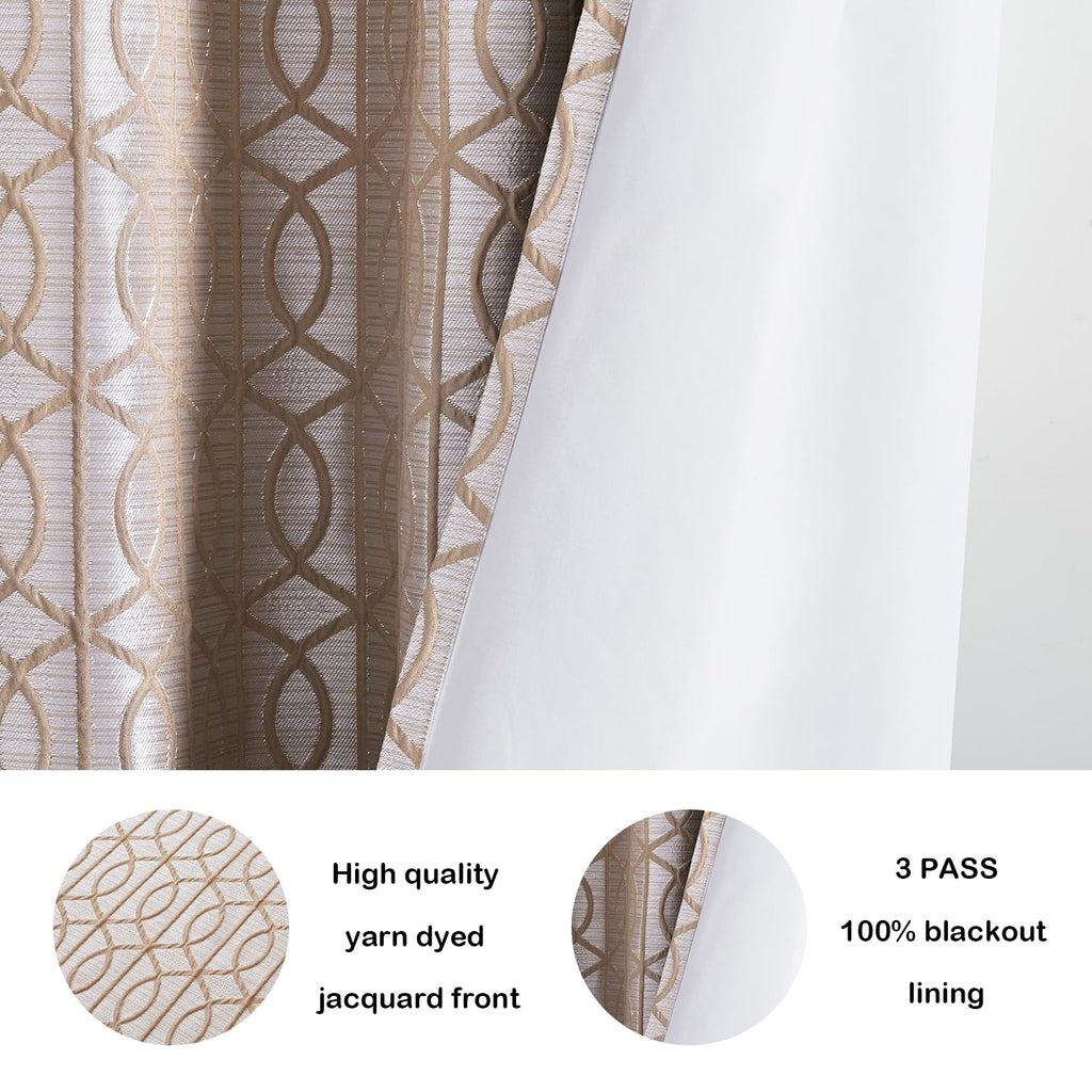 Light Khaki And Silvery 100% Blackout Curtains 84 Inch Length 2 Panels, Jacquard Thermal Insulated Noise Reducing Grommet Drapes