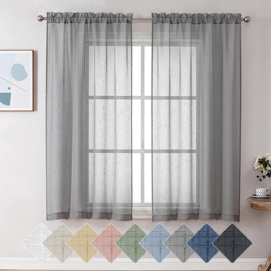 Aiyufeng Kirei Elegant Grey Linen Look Sheer Curtains For Window Decor, Rod Pocket Gray Flax Window Treatment Privacy With Light