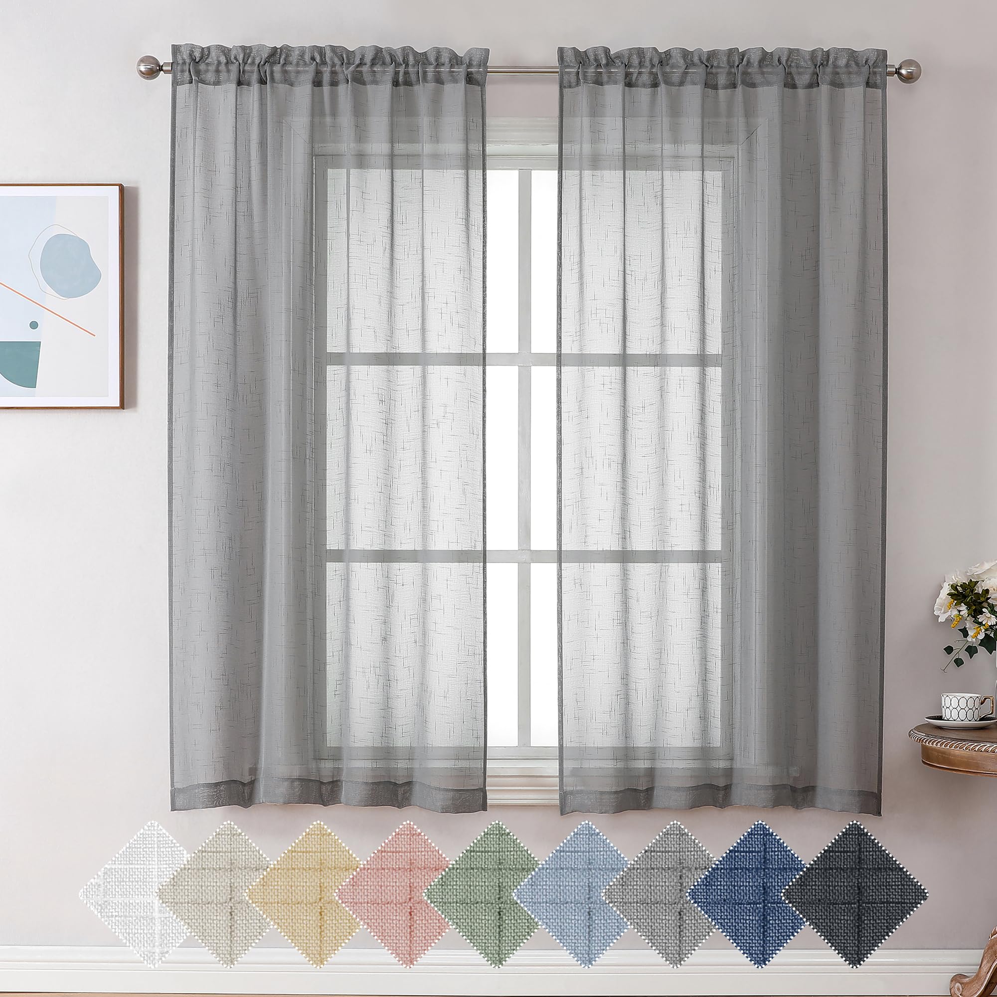 Aiyufeng Gray Sheer Curtains 54 Inch Length 2 Panel Set, Fresh Farmhouse 54 Inch Long Sheer Linen Look Airy & Lightweight Elegan