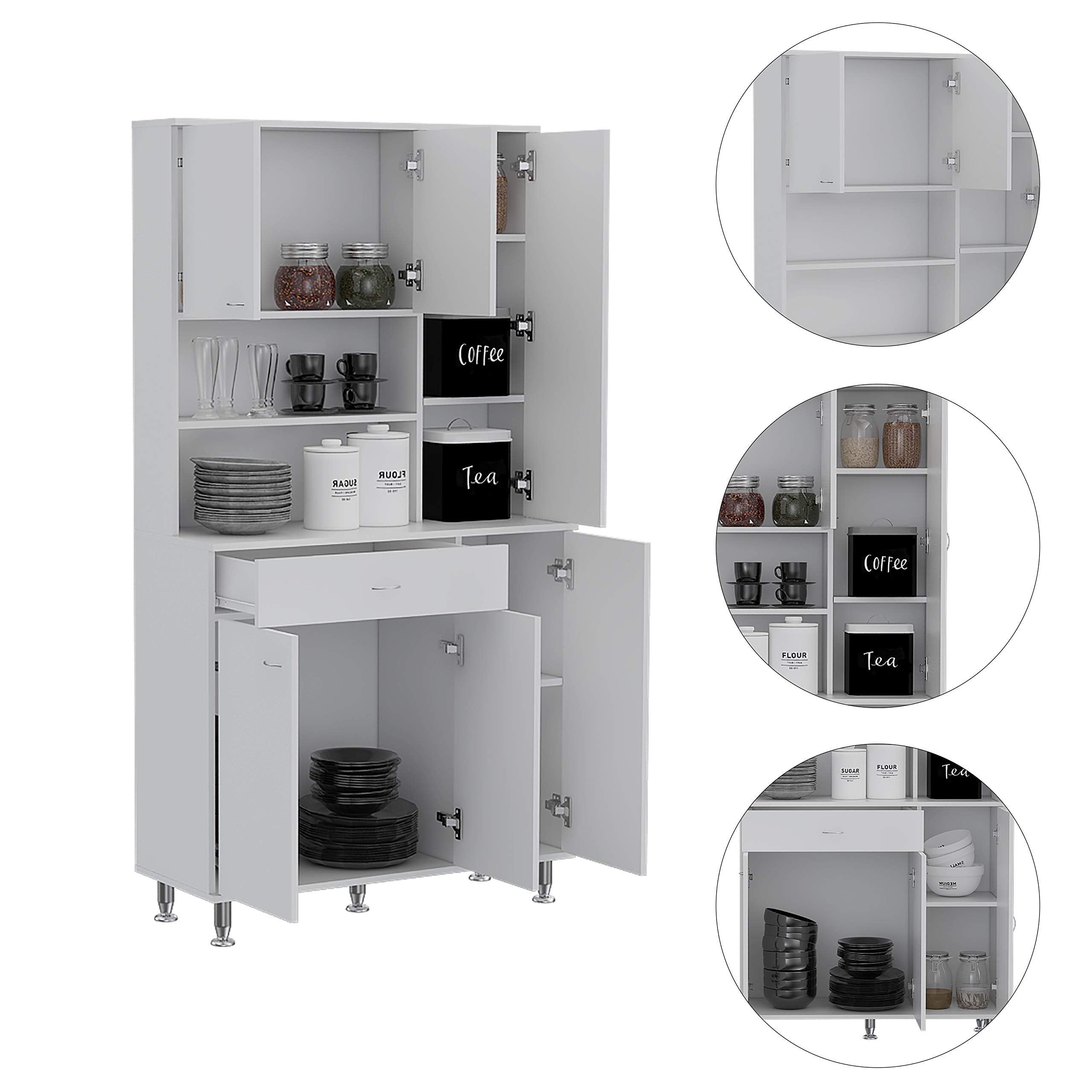 Helis 90 Kitchen Pantry Cabinet, 2 Open Shelves, 1 Drawer, Multiple Cabinets, White