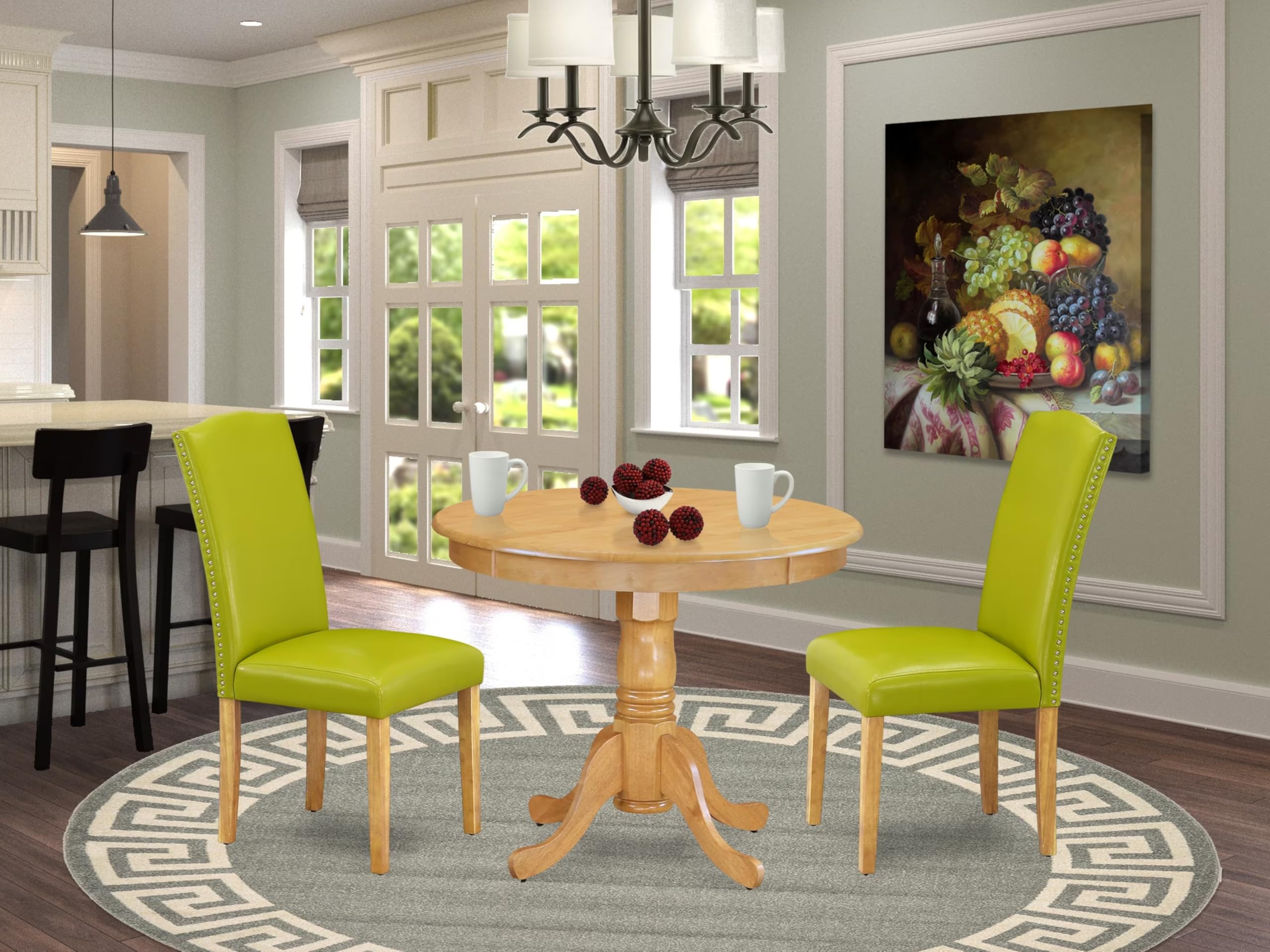 East West Furniture Anen3-Oak-51 3 Piece Modern Dining Table Set Contains A Round Kitchen Table With Pedestal And 2 Autumn Green Faux Leather Upholstered Chairs, 36X36 Inch, Oak