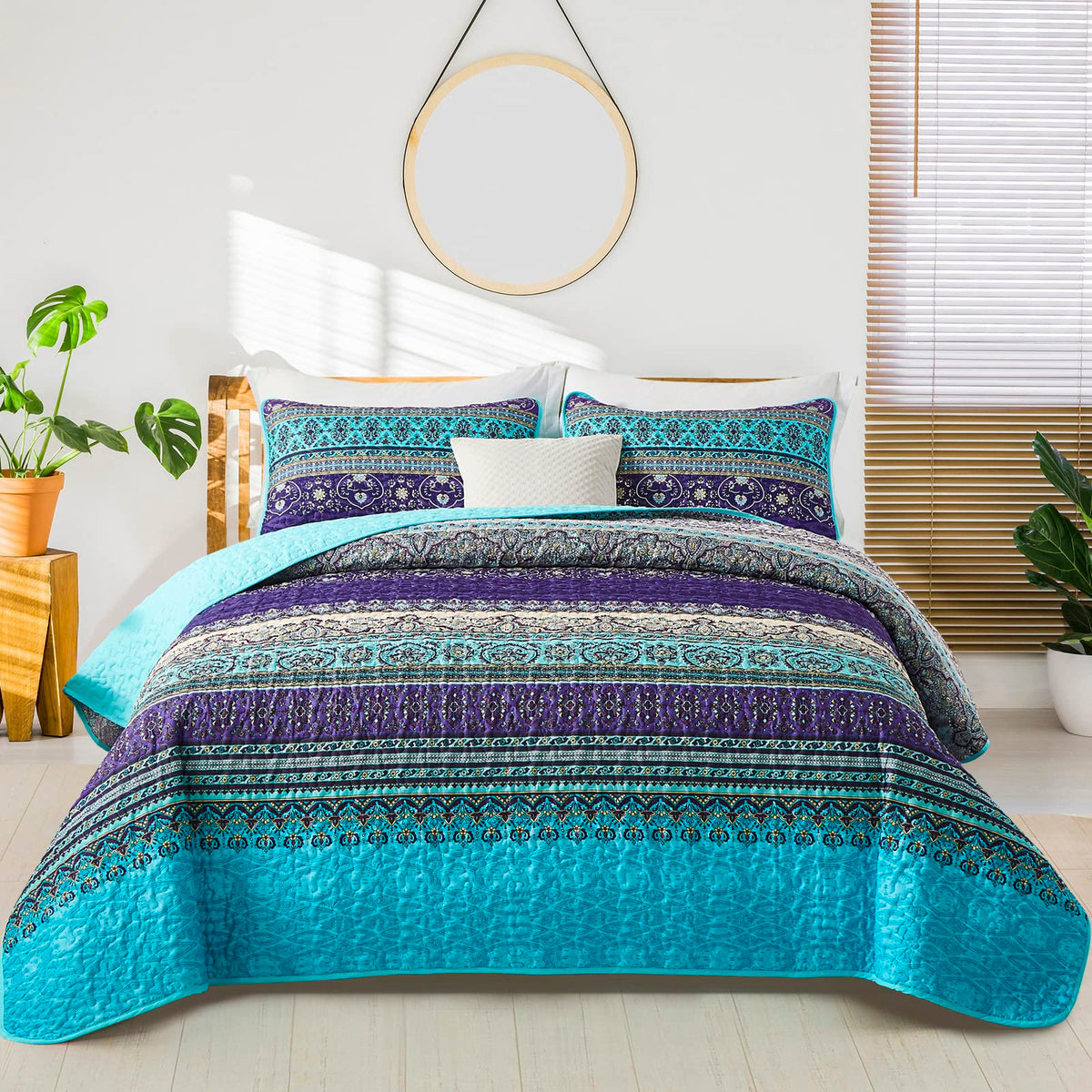 Boho Queen Quilt Set, Purple Bohemian Queen Quilt Bedding Set, Lightweight Microfiber Bed Decor Bedspread For All Season 96'X90