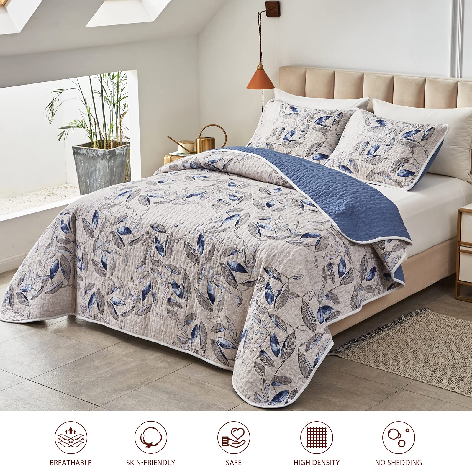 Joyreap Quilt Set California King- 102X114 Inches, 3 Pieces Lightweight Microfiber Quilt, Botanical Blue Leaves On Light Gray De