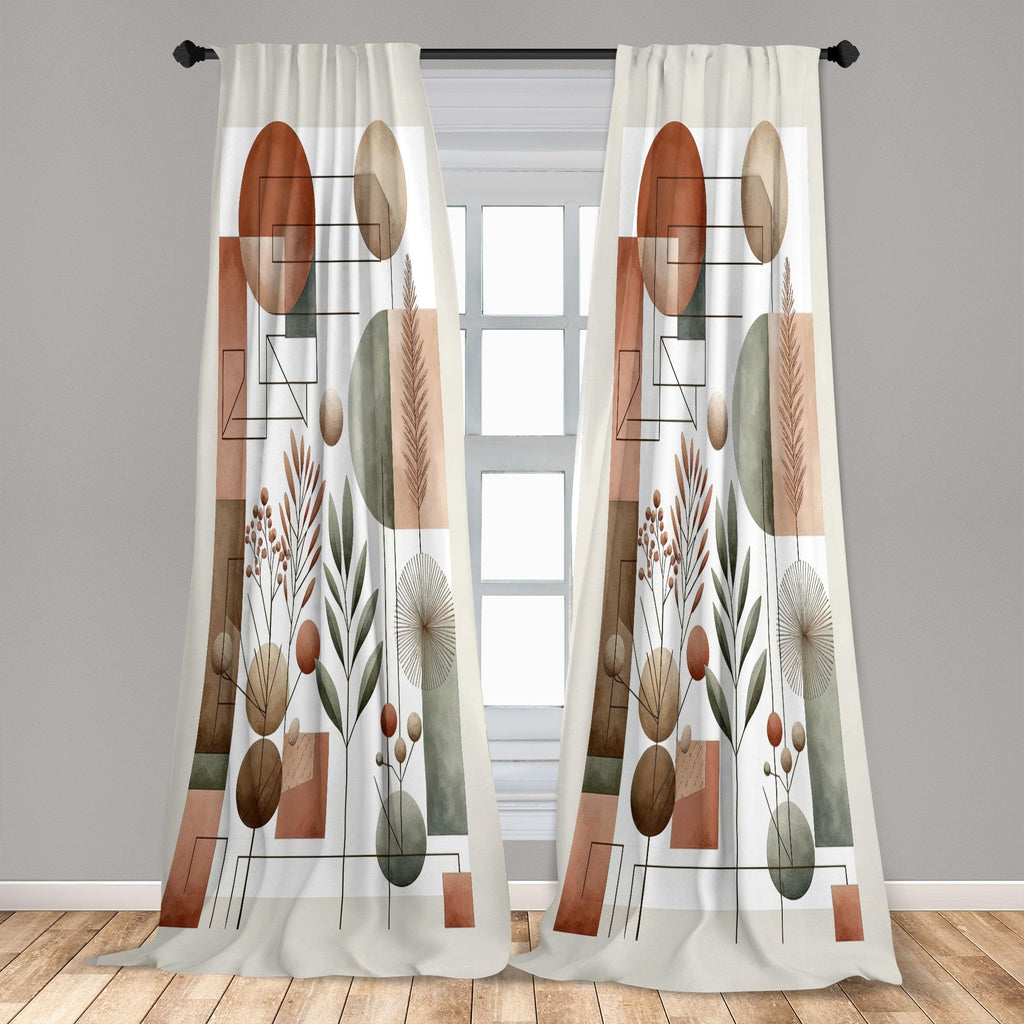 Ambesonne Mid Century Window Curtains Pack Of 2, Modern Boho Vibe Geometric Rounds And Rectangles With Leafy Branches, Lightweig