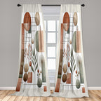 Ambesonne Mid Century Window Curtains Pack Of 2, Modern Boho Vibe Geometric Rounds And Rectangles With Leafy Branches, Lightweig