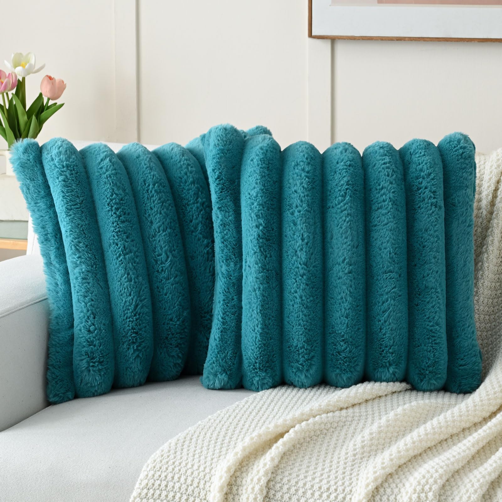 Futei Teal Decorative Throw Pillow Covers 24X24 Inch Set Of 2, Square Soft Faux Rabbit Fur Big Striped Pillow Sham,Home Decor Fo