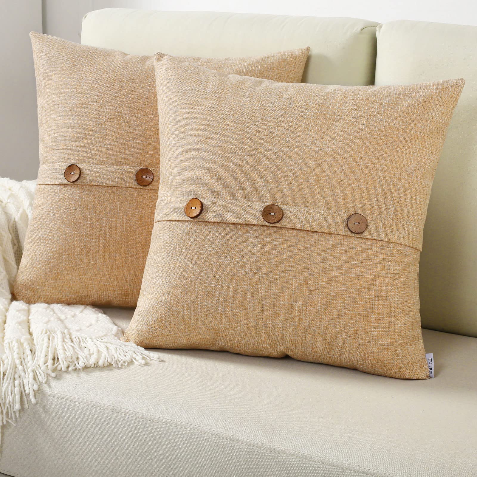 Futei Sand Linen Decorative Throw Pillow Covers 22X22 Inch Set Of 2, Square Cushion Case With Vintage Button/Zipper,Modern Farmh