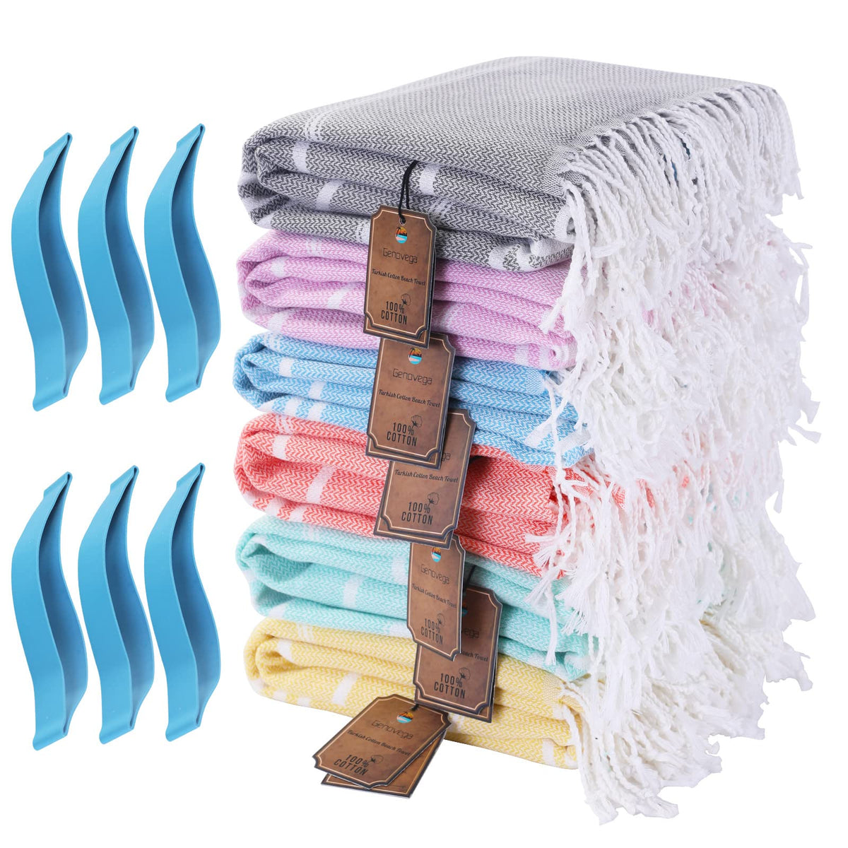 Genovega 6 Packs Cotton Turkish Beach Towels Set Bulk Oversized Extra Large Quick Dry Sand Free Bathroom Pool Swim Towel for Adu