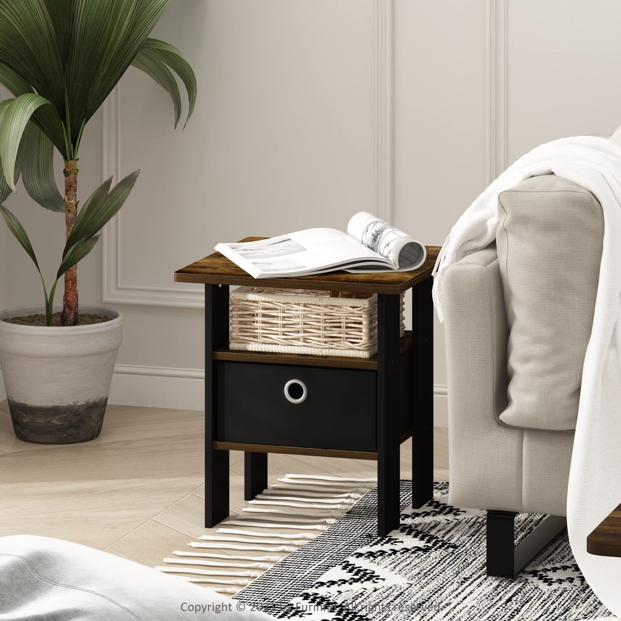 Furinno Andrey End Side Night Stand/Bedside Table with Bin Drawer, Amber Pine/Black