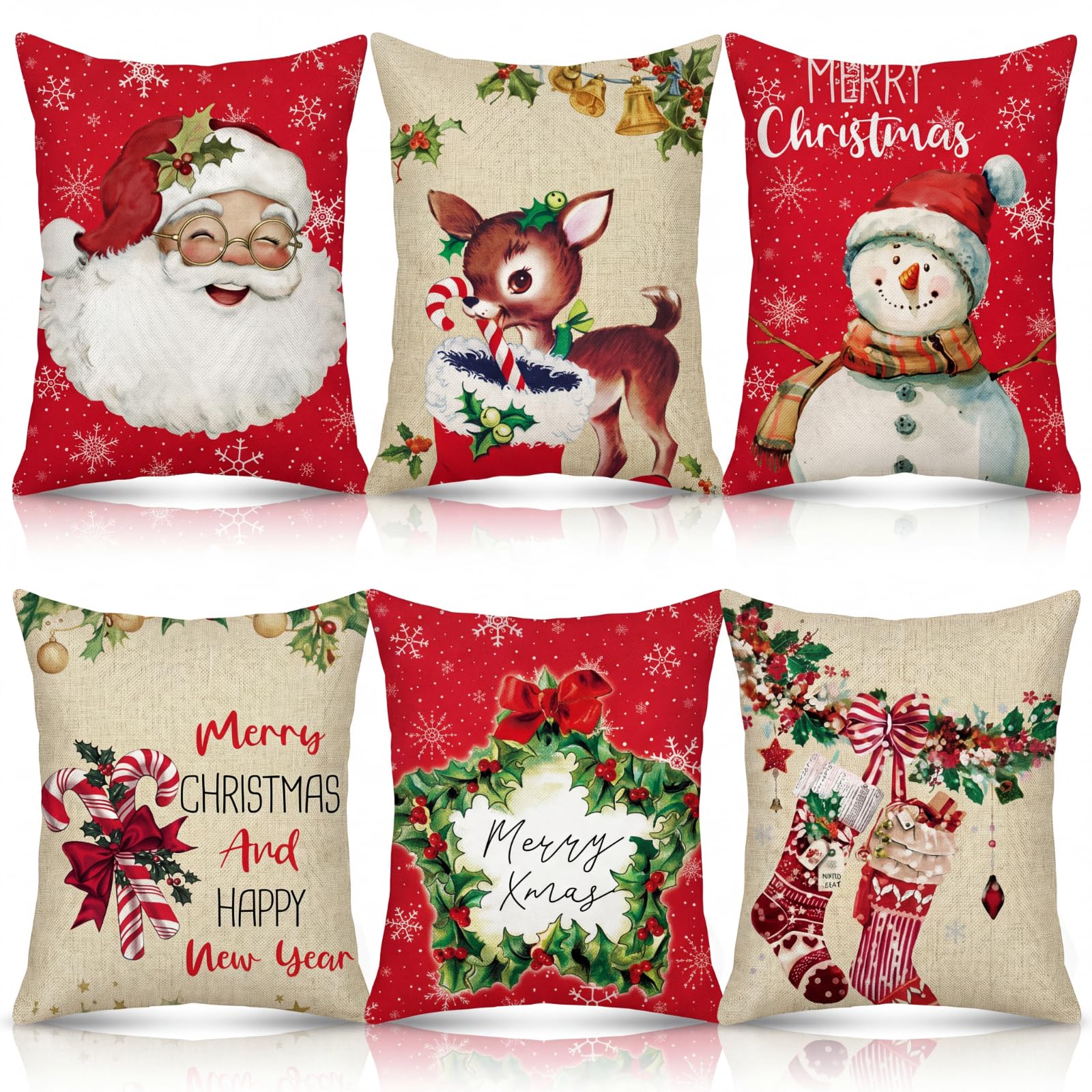 FuWeave Vintage Red Retro Santa Candy Cane Square Pillowcases Set of 6 - 18x18 - Snowman, Reindeer, Throw Pillows for Xmas Winte
