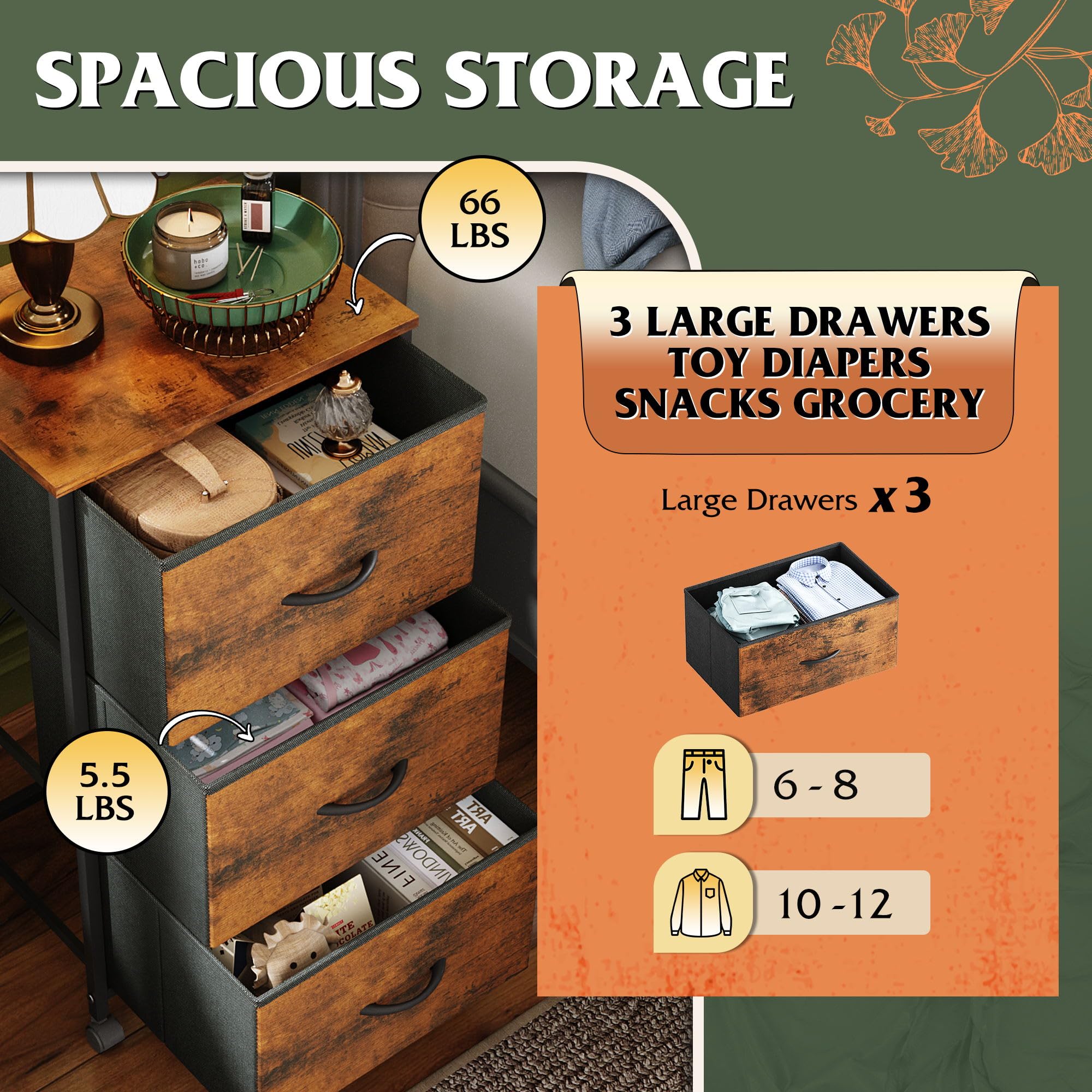 Wlive Dresser With 3 Drawers, Fabric Nightstand, Cabinet With Wheels, Organizer Storage Dresser For Bedroom, Office, Closets, Sturdy Steel Frame, Easy Pull Handle, Rustic Brown Wood Grain Print