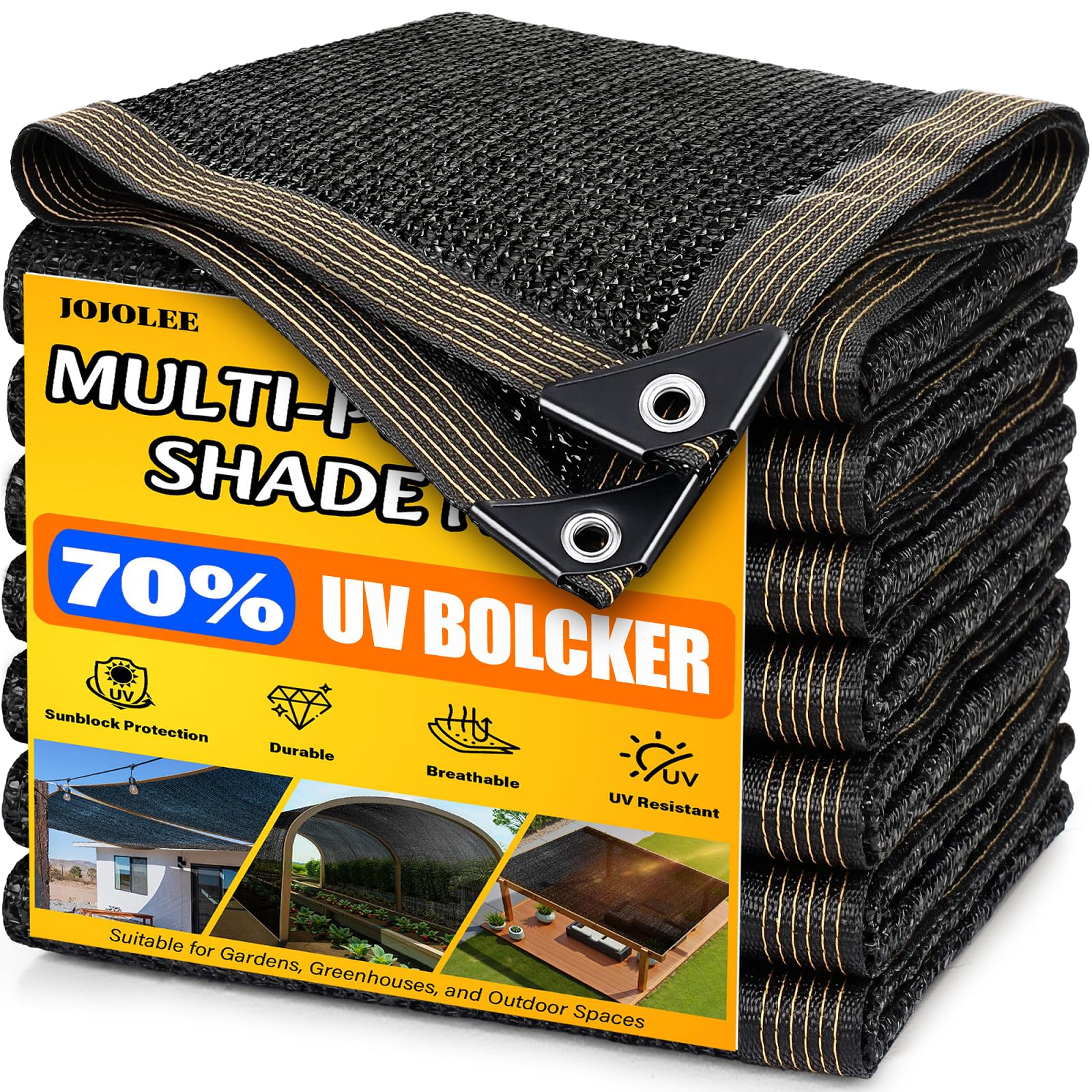 JOJOLEE 70% Sun Shade Cloth, 10x16FT Shade Net Mesh Tarp with Grommets, Black Sunblock Cover for Outdoor Patio Plants, Pergola, 