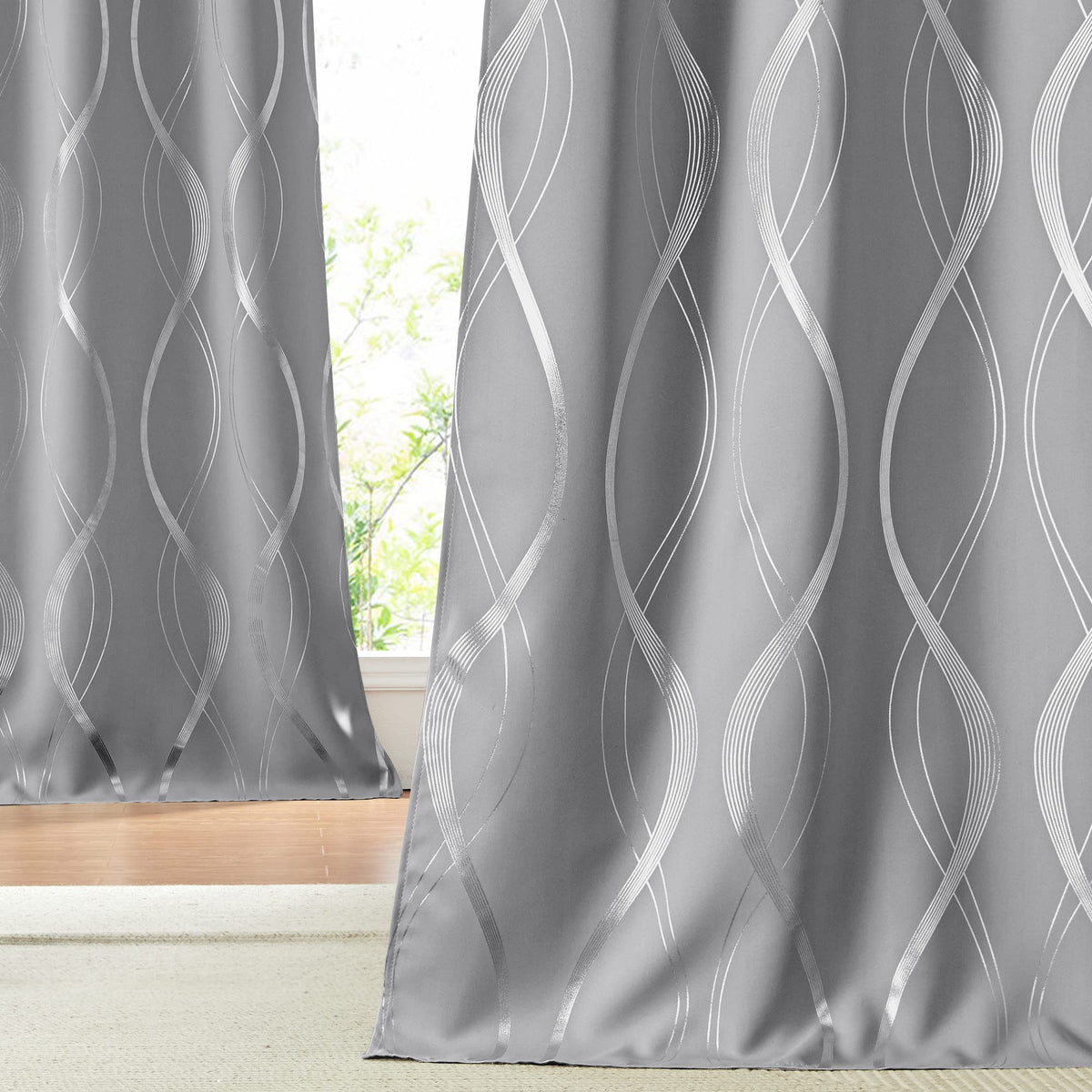 Nicetown Blackout Curtains 90 Inches Long 2 Panels, 52 Inches, Silver Grey, Foil Printed Wave Lines Energy Saving Thermal Insula