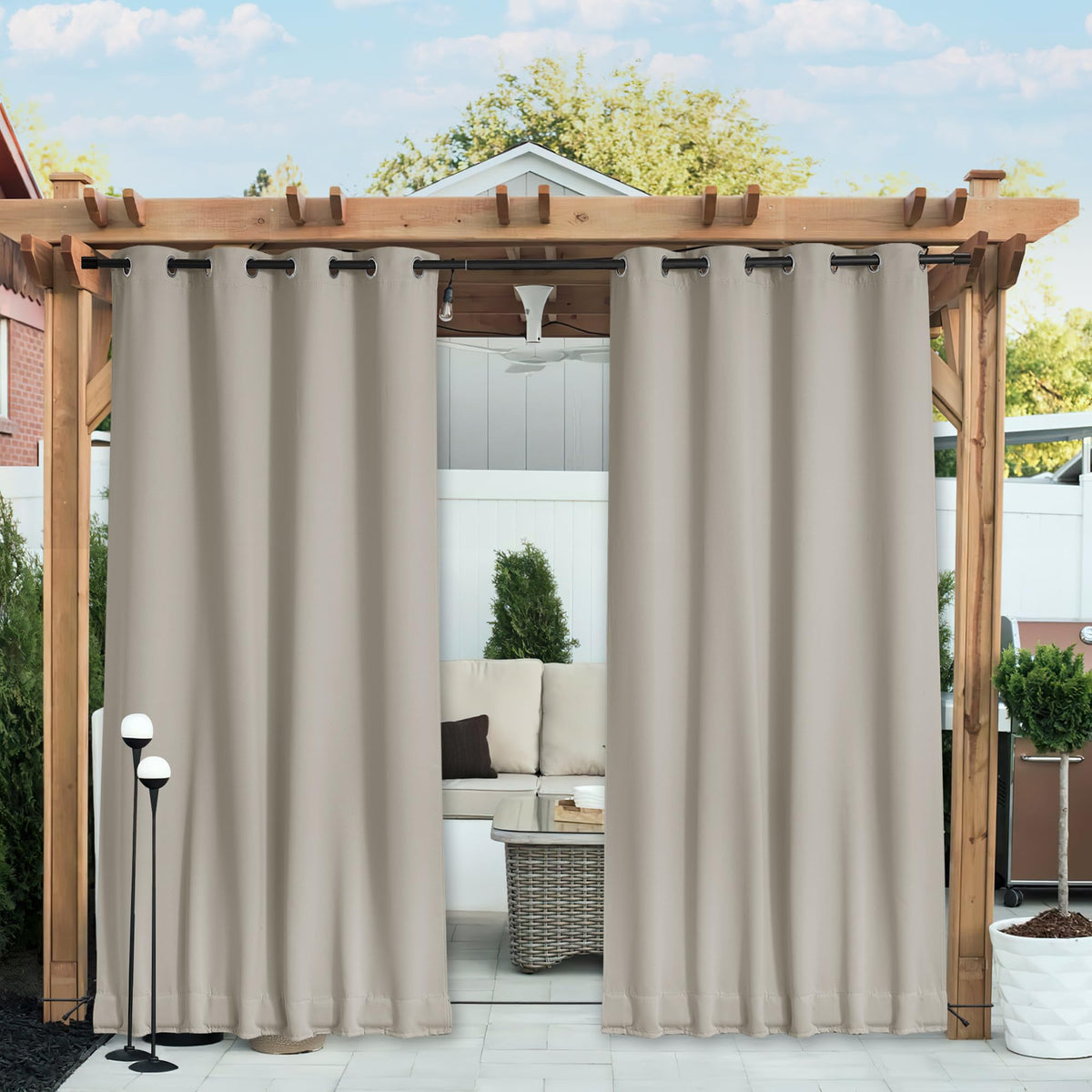 Nicetown 2 Panels Fixed Outdoor Curtains For Patio Waterproof, Top & Bottom Grommet & Back Tab Windproof Drapes Thermal Insulate