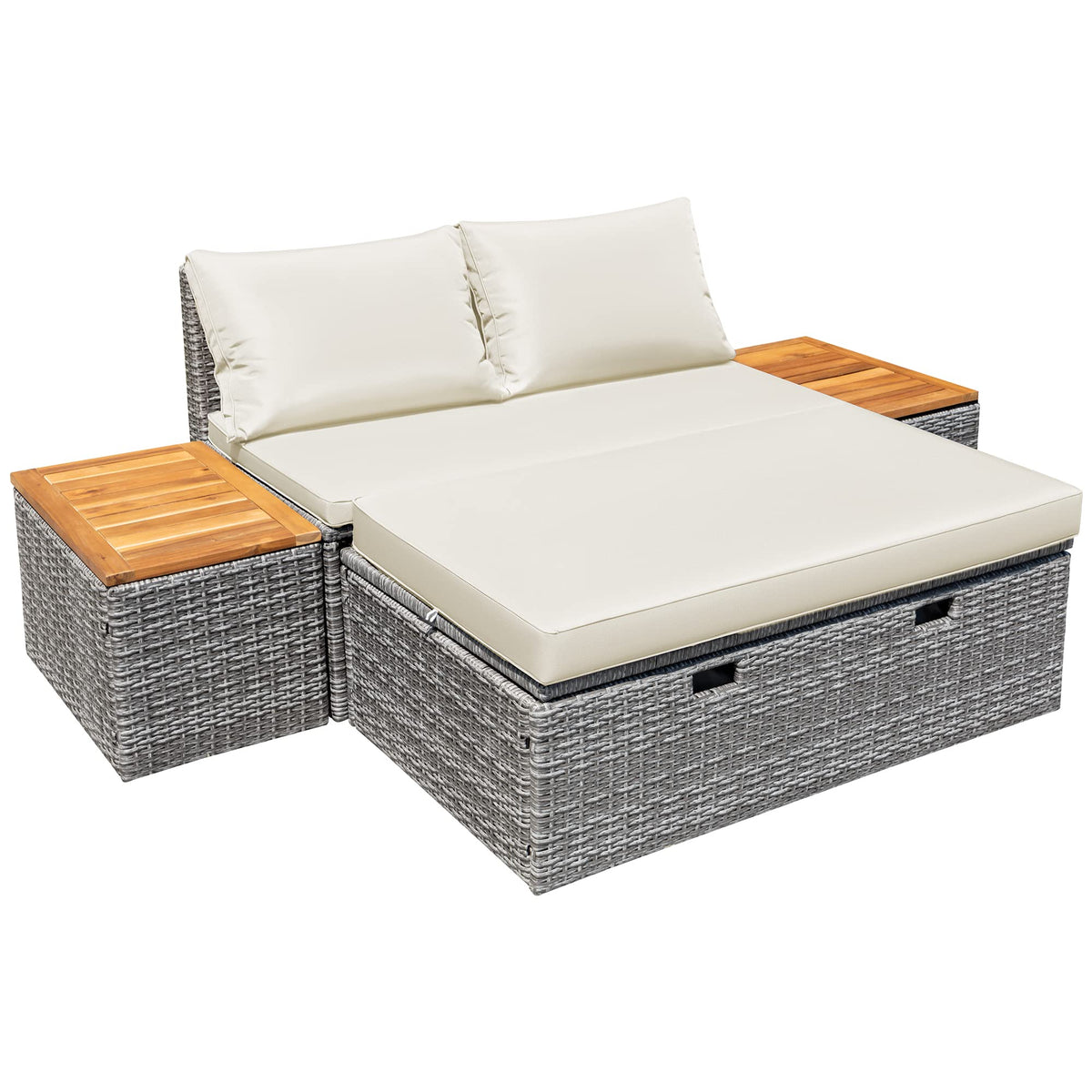 Devoko Outdoor Daybed Set Multifunctional Patio Day Bed Rattan Lounge Bed With 2 Side Tables For Backyard Porch Poolside Lawn Beach (Beige White)