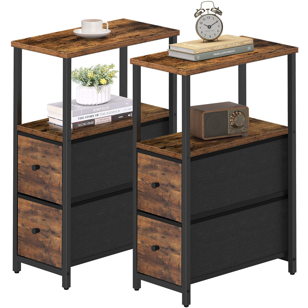 Tutotak Small Narrow End Table, Set Of 2, Side Table, Nightstand With 2 Cloth Drawers, Couch Table, For Living Room, Bedroom, Bedside, Brown Tb01Bb054