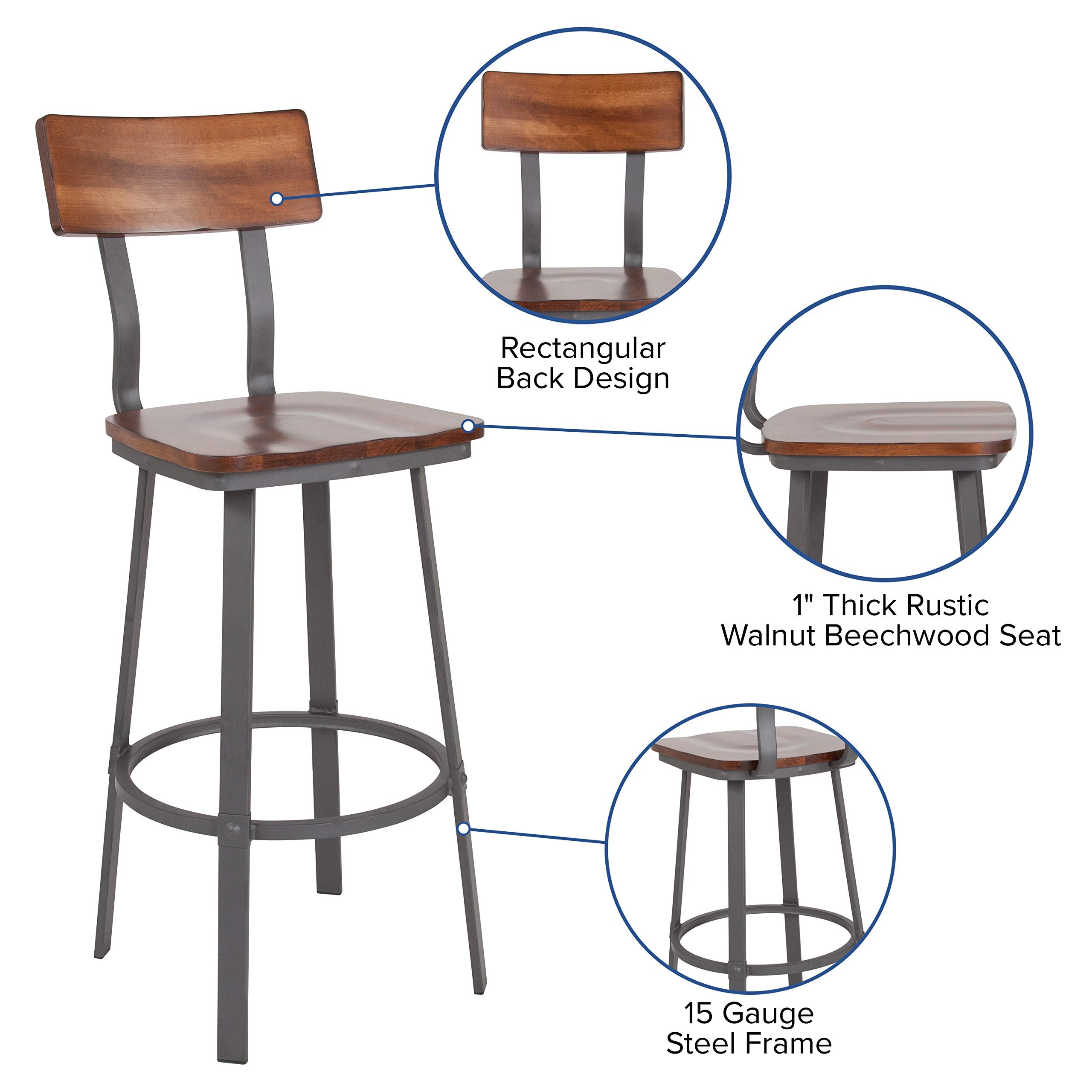 Flash Furniture Flint Series Rustic Walnut Restaurant Barstool With Wood Seat & Back And Gray Powder Coat Frame