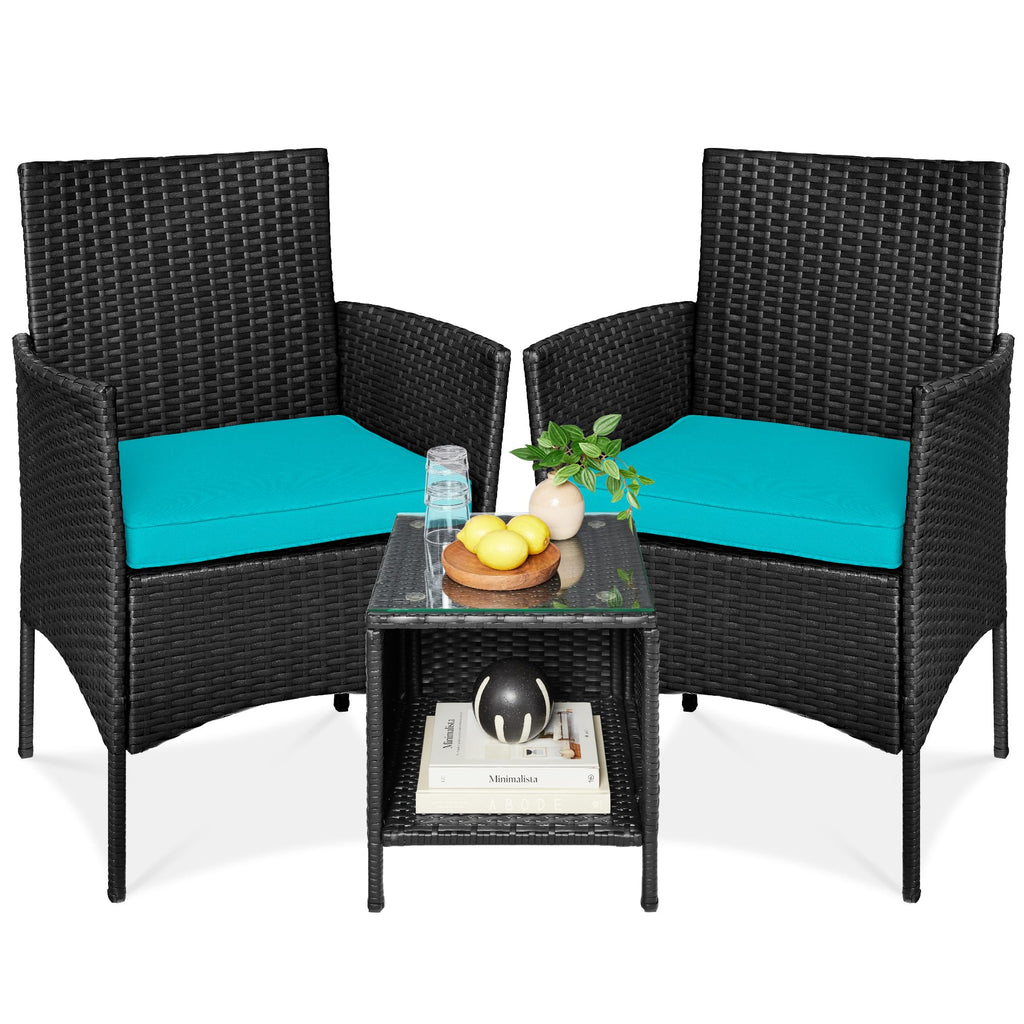 Best Choice Products 3-Piece Outdoor Wicker Conversation Bistro Set, Space Saving Patio Furniture For Garden W/Side Table - Black/Teal