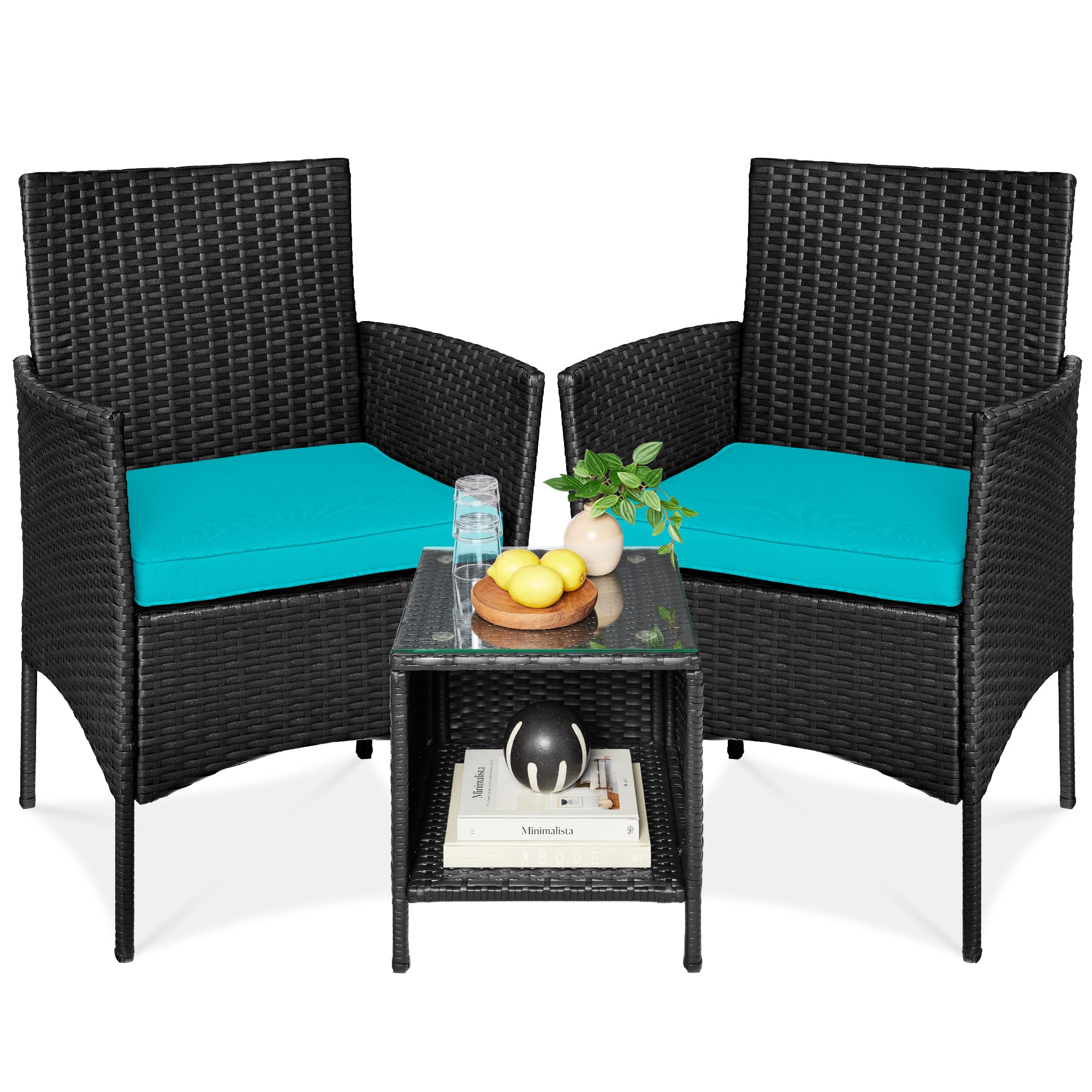 Best Choice Products 3-Piece Outdoor Wicker Conversation Bistro Set, Space Saving Patio Furniture For Garden W/Side Table - Black/Teal
