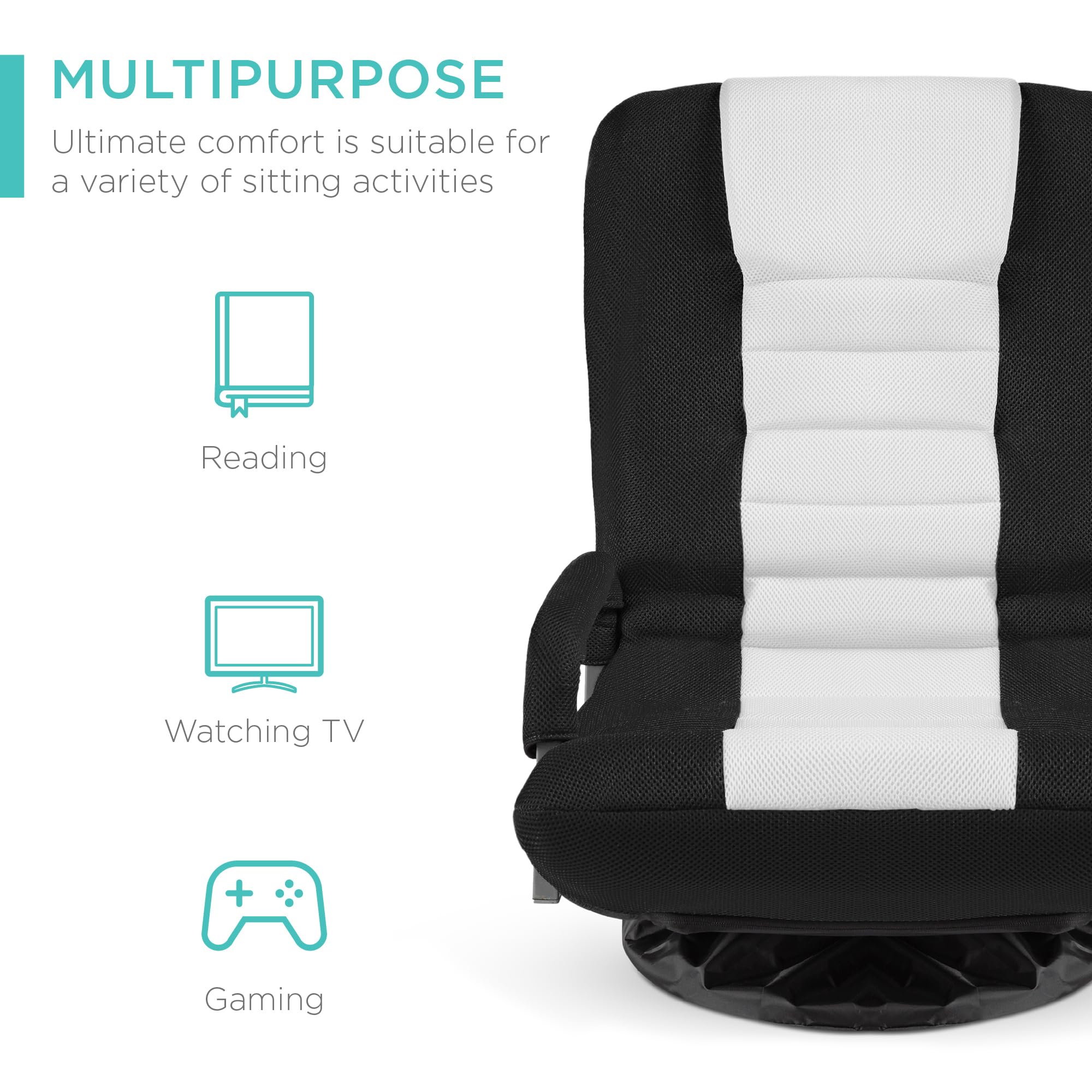 Best Choice Products Swivel Gaming Chair 360 Degree Multipurpose Floor Chair Rocker For Tv, Reading, Playing Video Games W/Lumbar Support, Armrest Handles, Adjustable Backrest - Black/White