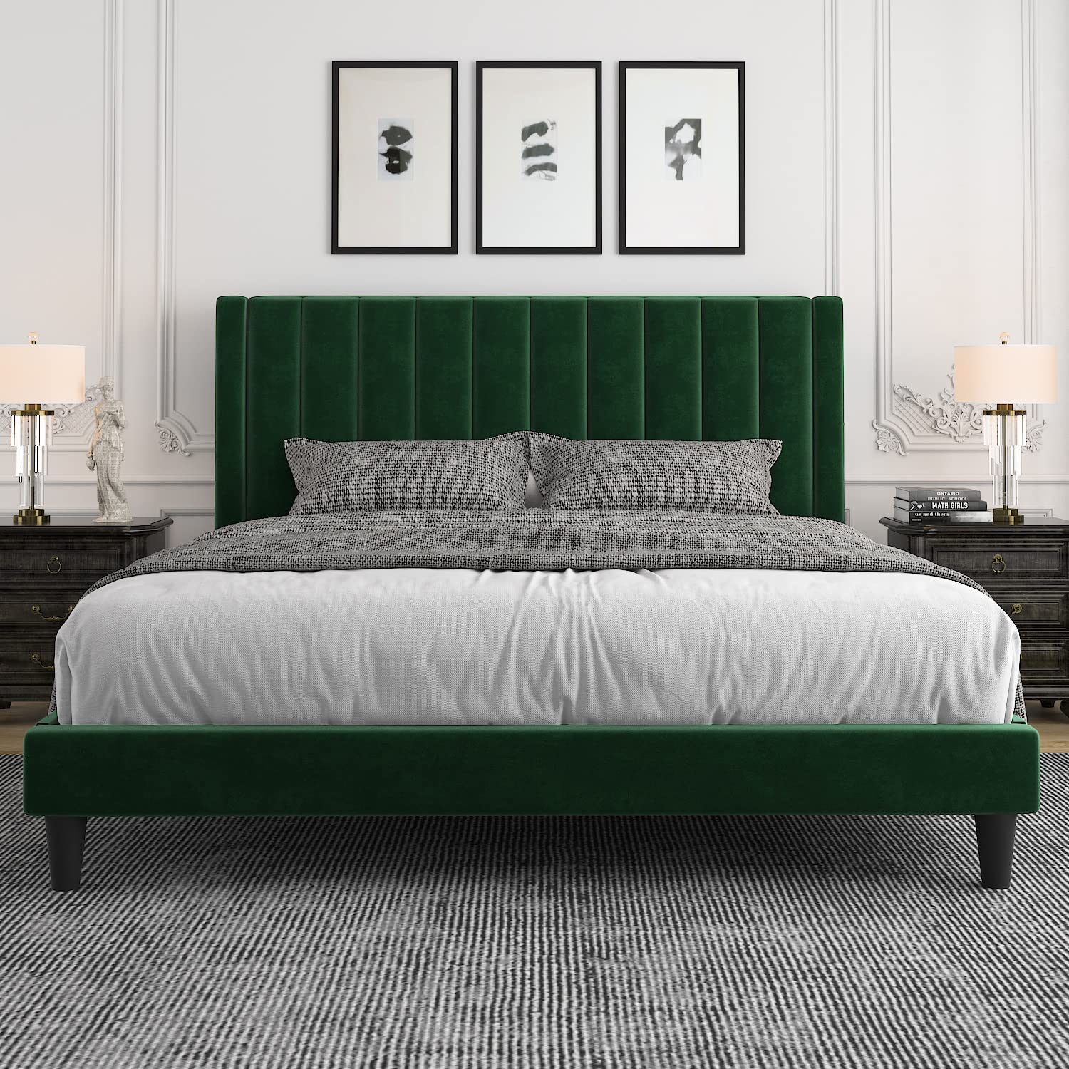 Allewie King Platform Bed Frame/Velvet Upholstered Bed Frame With Vertical Channel Tufted Headboard/Strong Wooden Slats/Mattress Foundation/Box Spring Optional/Easy Assembly/Green