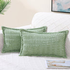 decorUhome Decorative Spring Sage Green Throw Pillow Covers 12x20 Set of 2 with Splicing, Boho Lumbar Soft Corduroy Broadside Tw