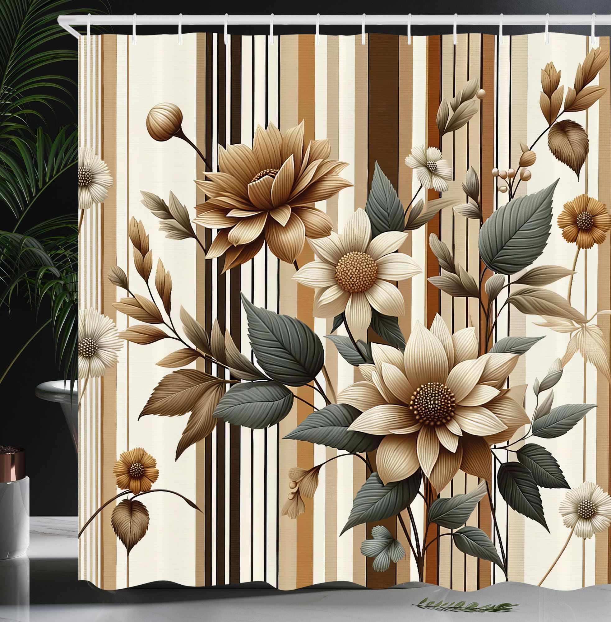 Ambesonne Tan Shower Curtain, Vintage Boho Cottagecore Monochromatic Flowers on a Striped Background, Cloth Fabric Bathroom Deco