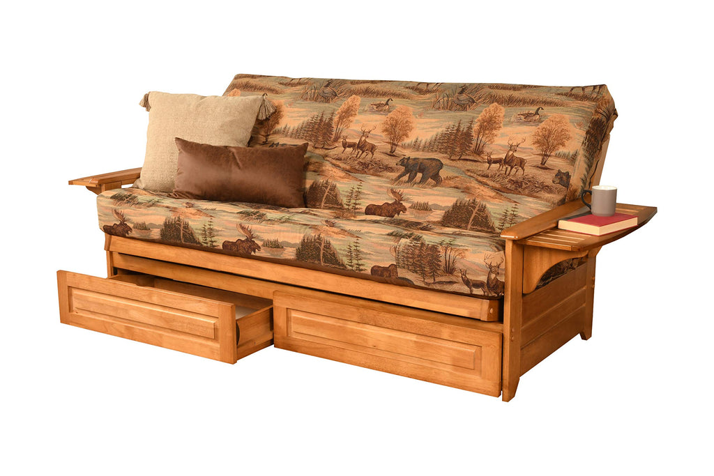 Kodiak Furniture Phoenix Futon KF Butternut Finish Canadian Hardwood Full Size with Storage Drawers