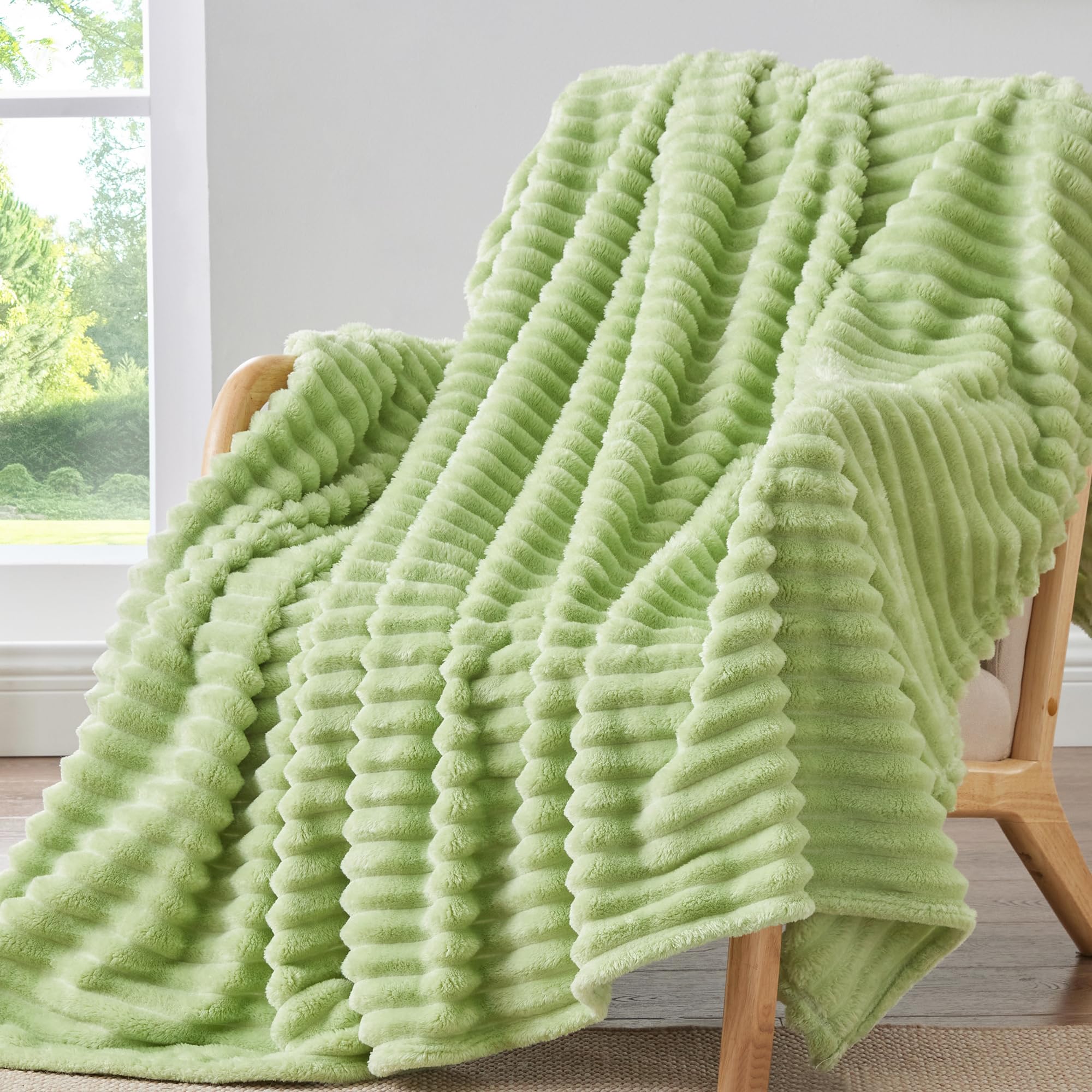 Bedelite Fleece Throw Blanket For Couch, 300Gsm Soft & Warm Fluffy Twin Blanket, Decorative And Giftable Striped Sage Green Blan