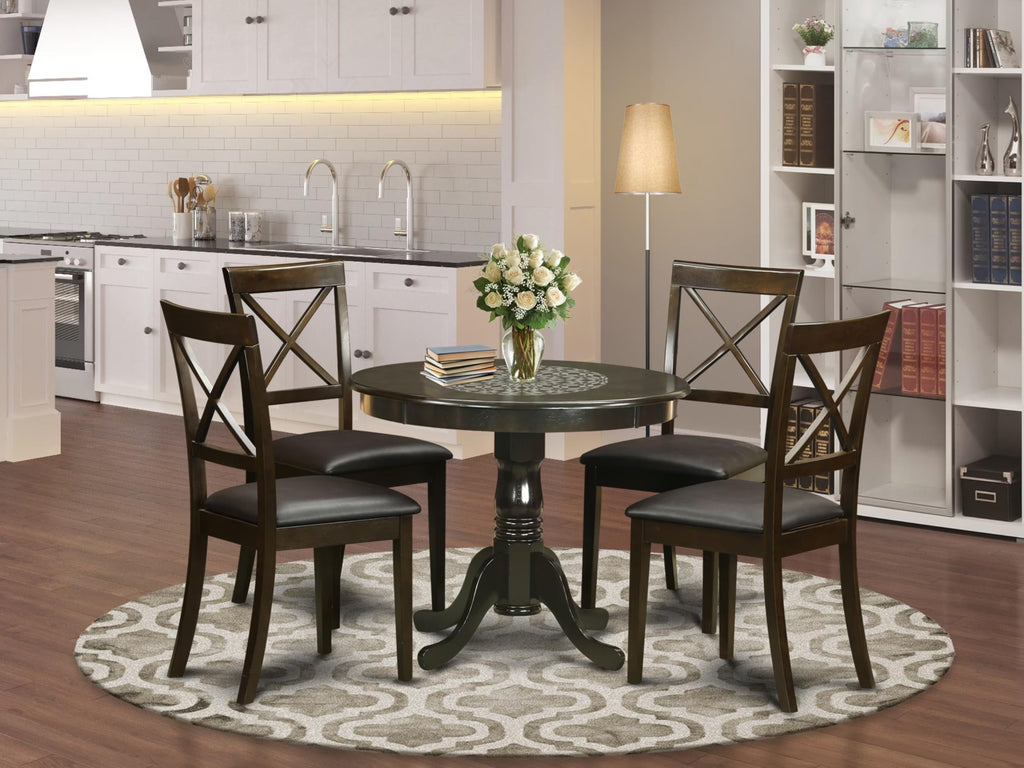 East West Furniture Antique 5 Piece Kitchen Set for 4 Includes a Round Table with Pedestal and 4 Faux Leather Dining Room Chairs, 36x36 Inch, Cappuccino