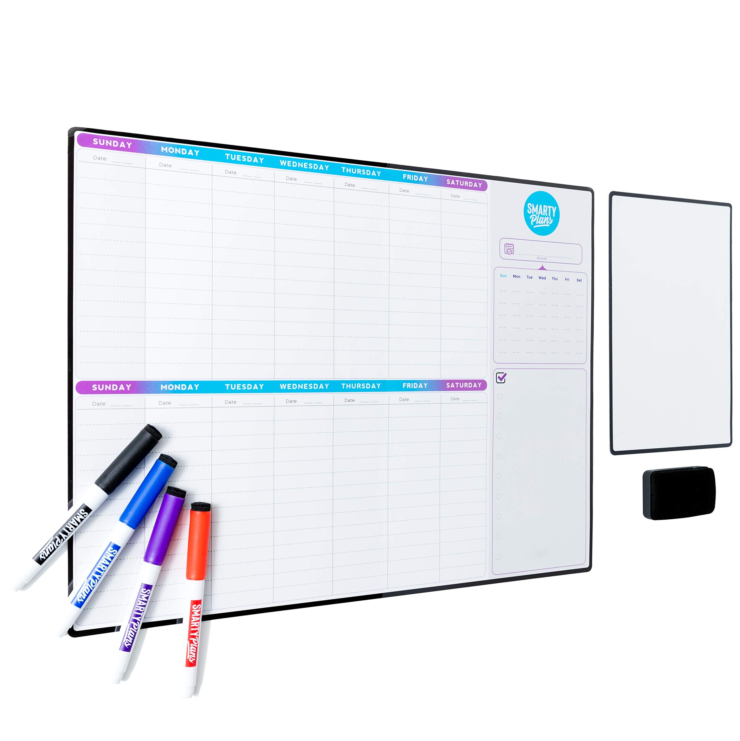 Smartyplans Dry Erase Weekly Extra Thick Magnetic Calendar For Refrigerator: 17X13' Two Week Planner And 6X9' White Board, 4 F