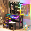 WOOVIVS Corner Vanity Desk with Lighted Rotating Mirror, Glass Top Makeup Table with 5 Drawers, Small Vanitys with Charging Stat