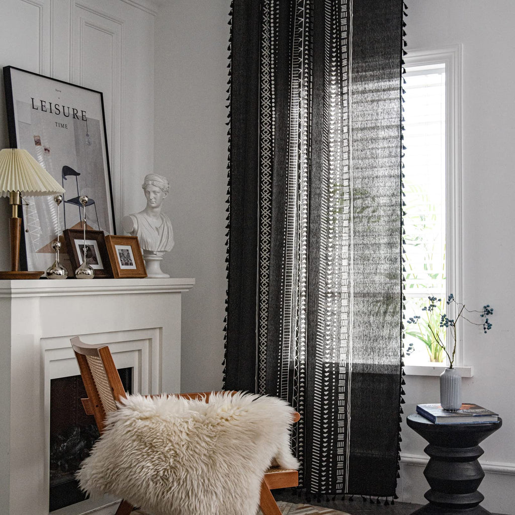 Colorbird Geometric Semi-Blackout Window Curtains 2 Panels Bohemian Cotton Linen Darkening Curtains With Tassels Rod Pocket Wind
