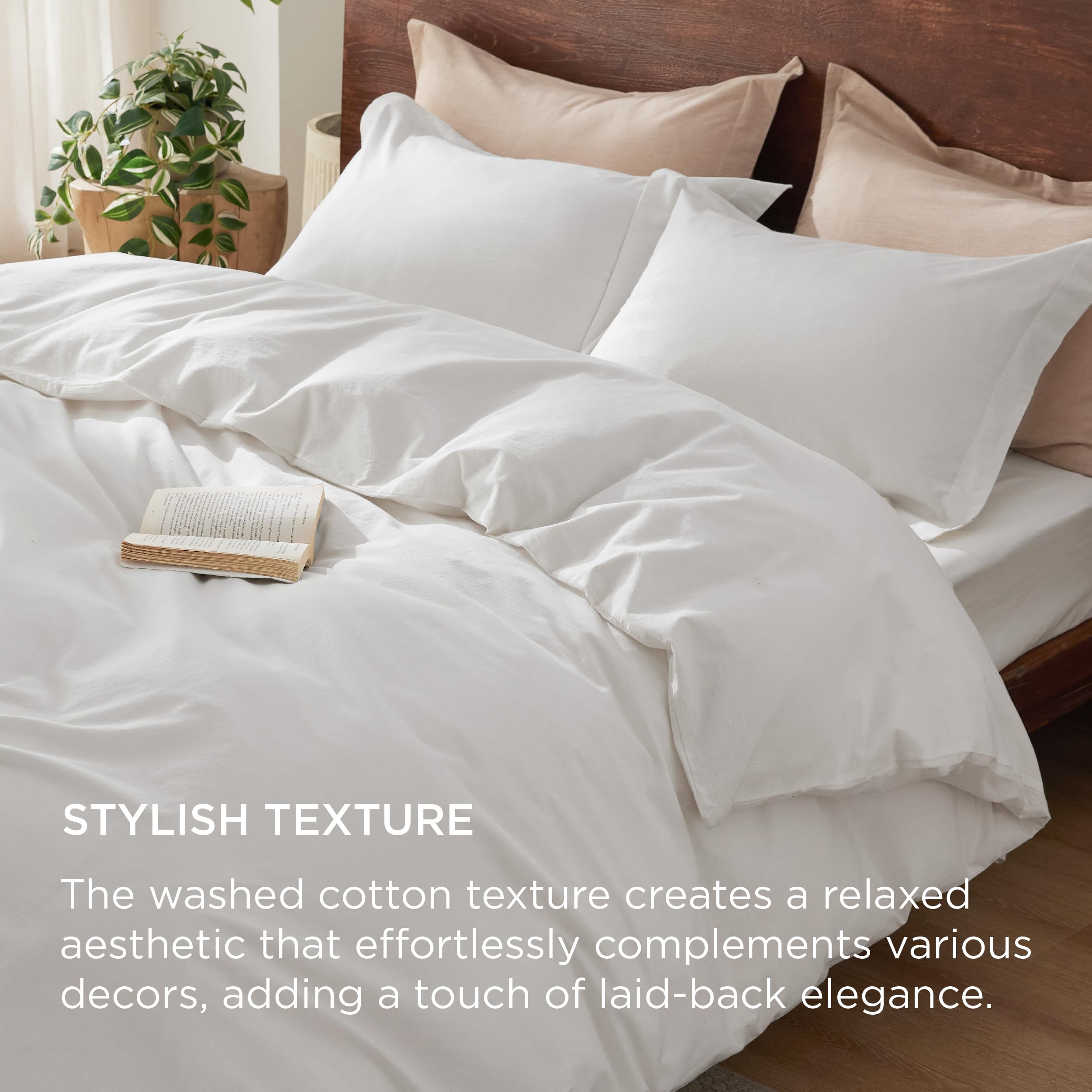 Bedsure 100% Washed Cotton Duvet Cover King Size - Minimalist Natural White Cotton Duvet Cover For All Seasons - Gentlesoft™ Plain Simple Bedding Set With 2 Pillow Shams (White, King, 104'X90')